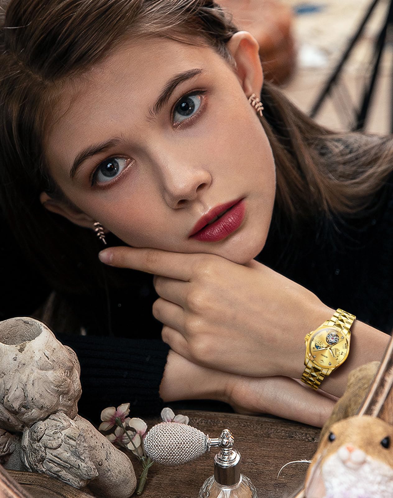 OUPINKE Women Automatic Watches Luxury Diamond Flywheel Two-Tone Stainless Tungsten Steel Band Moon Phase 24 Hours