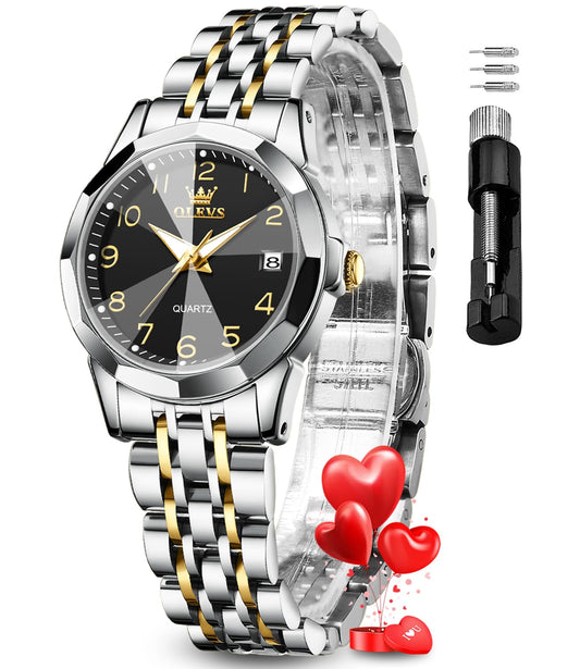 OLEVS Womens Watch Fashion Dress Diamond Female Watches for Ladies Analog Quartz Stainless Steel Waterproof Luminous Day Date Two Tone Wristwatch
