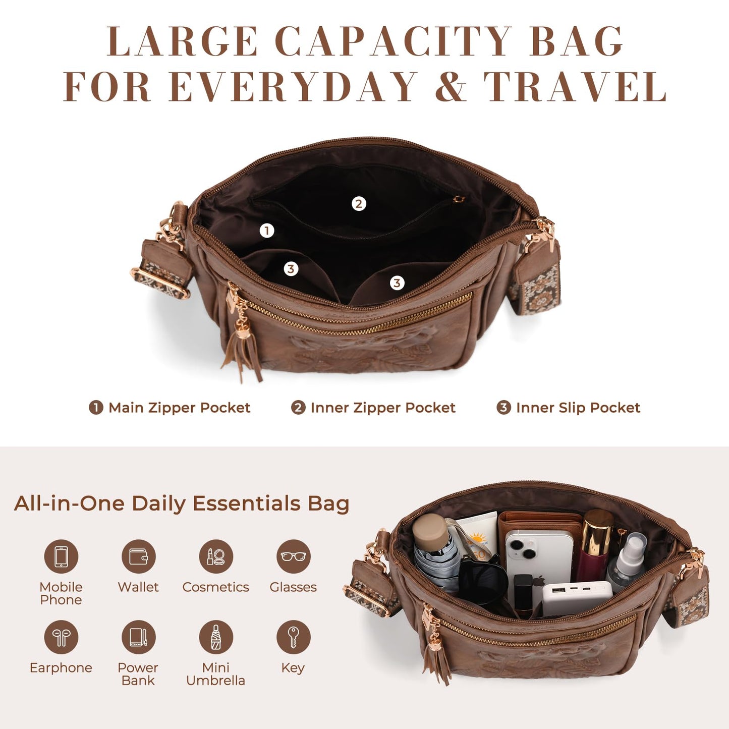 Crossbody Bags for Women, Vegan Leather Crossbody Purse, Multiple Pocket Daily Travel Shoulder Bag with Boho Strap