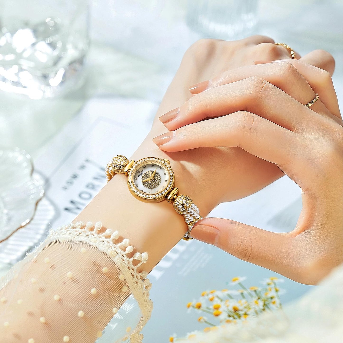 ROCOSJEWE R0262 Bracelet Watches for Women,Fashion Gold Dress Watch,Women's Pearl Bracelet Watch,Dazzling/Pink Dial,Adjustable Stainless Strap,Waterproof,Gift for Women