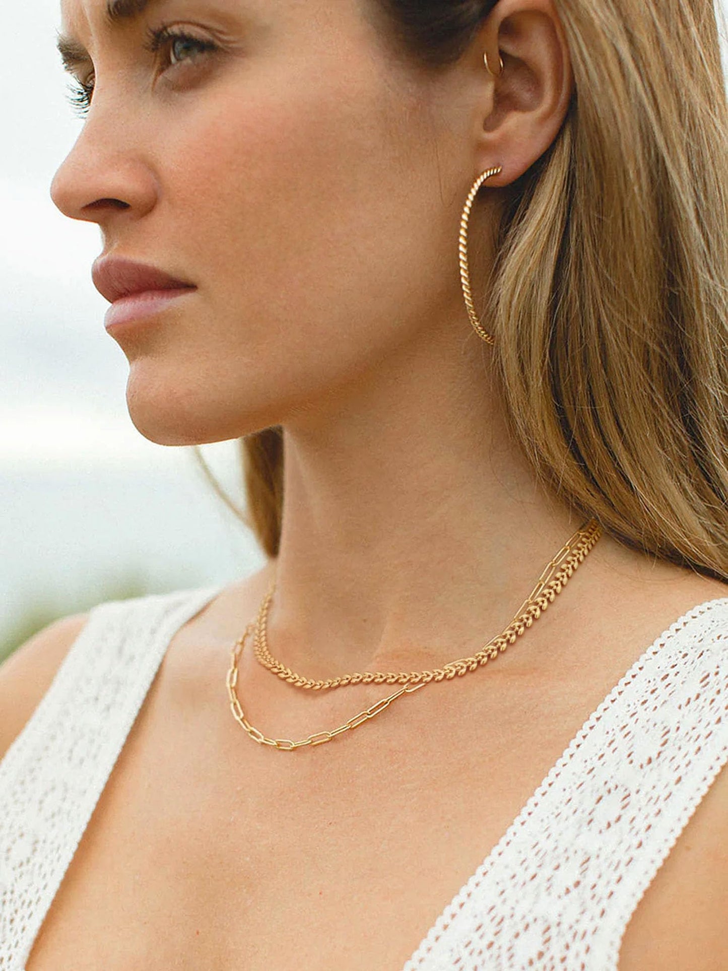 Aobei Pearl 18K Gold Plated Paperclip Chain Choker Satellite Chain Freshwater Cultured Biwa Pearl Pendant Necklace Dainty Turquoise Jewelry for Women