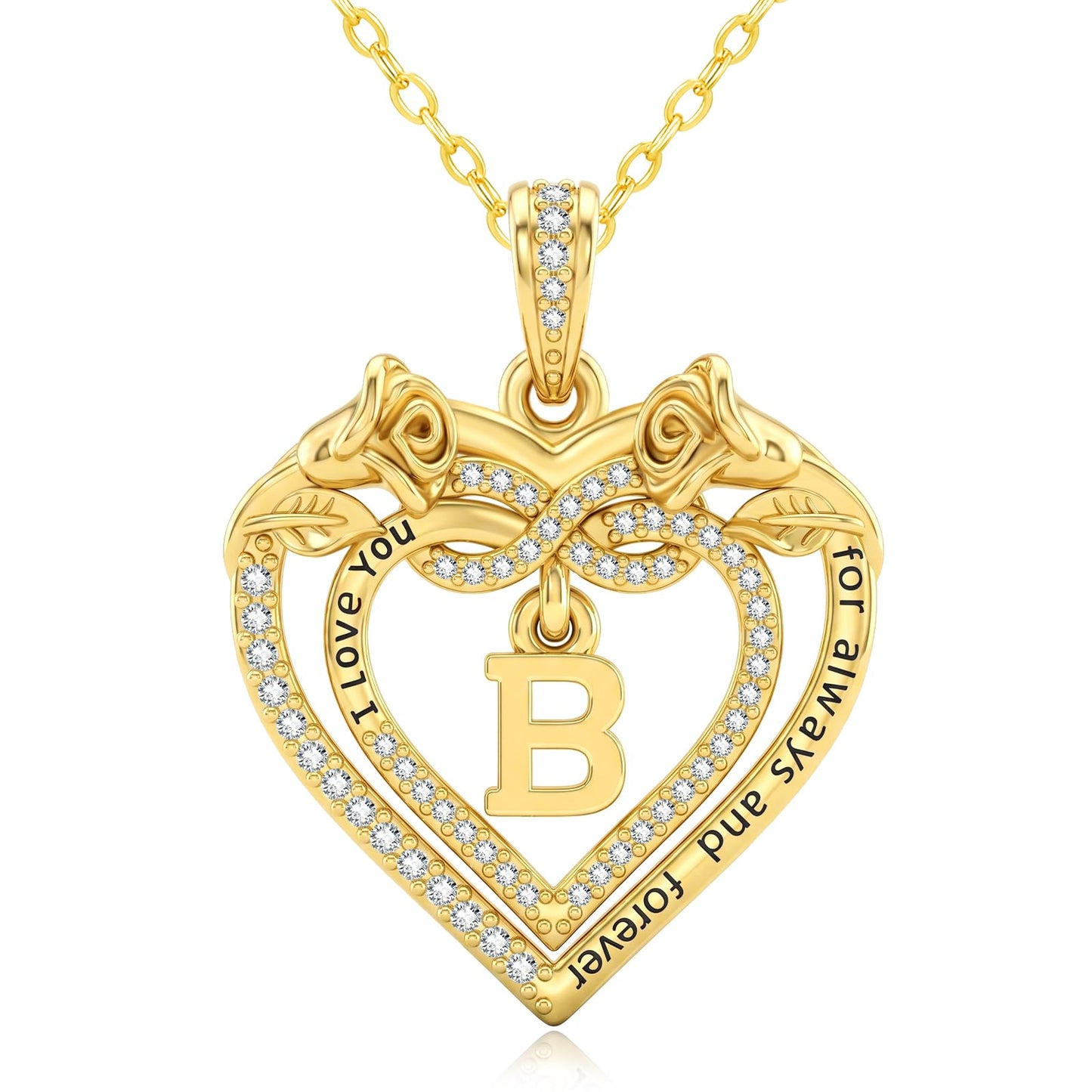 Uncle LOL Jewelry — 14K Gold Initial Letter Rose Heart Pendant Necklace for Women, Anniversary Birthday Jewelry Gifts for Wife Mom Grandma Sister Daughter, I Love You for Always And Forever