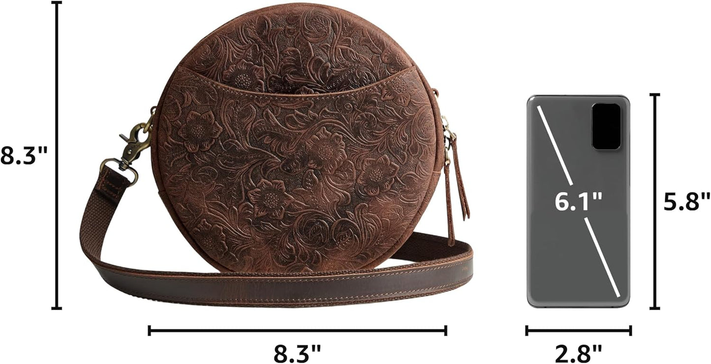 S-ZONE Leather Crossbody Bags for Women Circle Shoulder Round Purse Travel | Top Grain Leather, Keychain, Designer Handbag, Vintage, Multi Pockets, Detachable Strap, Eveyday Outing