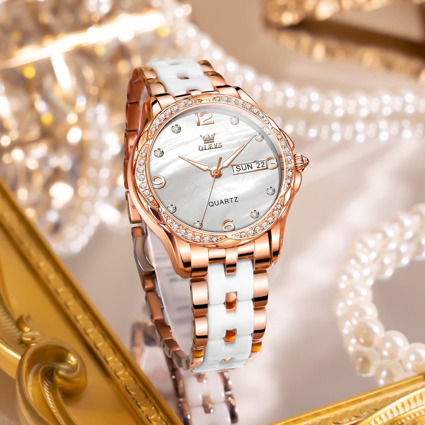 OLEVS Women's Watch Ceramic Band Waterproof Dress Watch Analog Quartz Watches Elegant Luxury Comfortable Wrist Watches with Date Day & Diamond White/Pink/Black Dial Gift for Her Reloj para Mujer