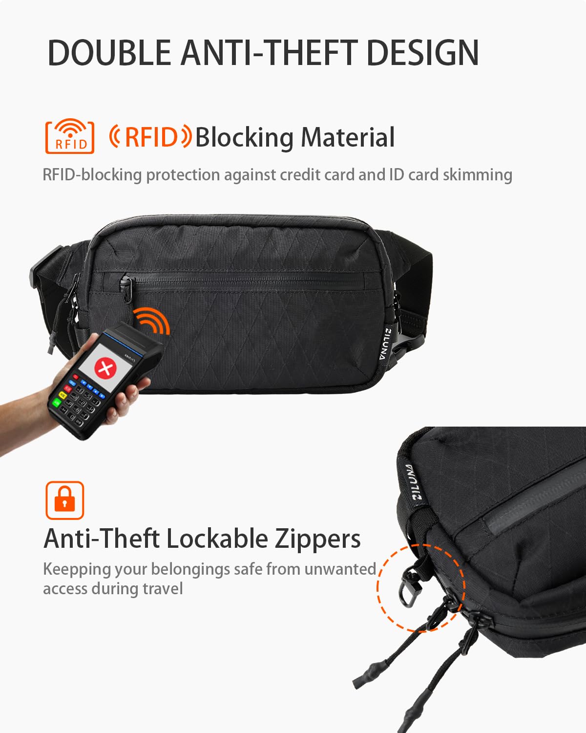 2L Sling Bag for Men & Women - Anti-Theft RFID Blocking Fanny Pack with Lockable Zippers, Water Resistant Lightweight Crossbody Bag for Travel Hiking Running Gym Walking Daily Use(Black)
