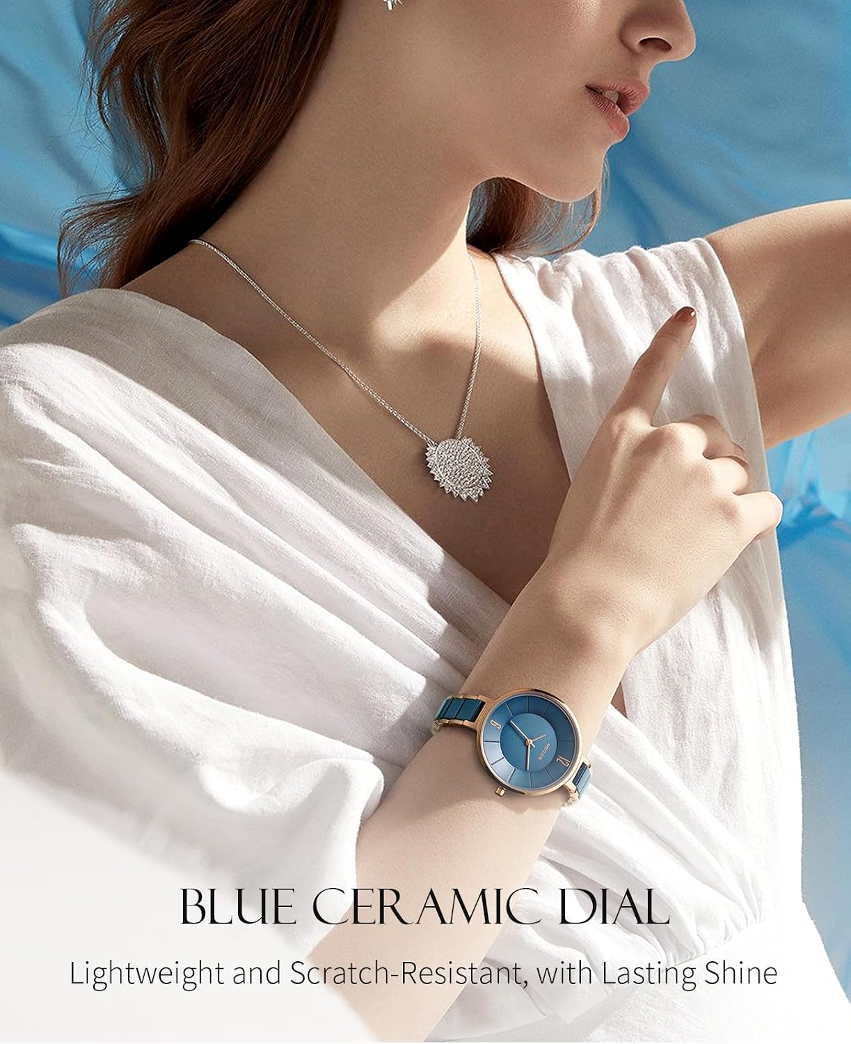 ROCOSJEWE Women’s Ceramic Quartz Analog Watch, Blue Dial with Rose Gold Accent, Ultra-Thin Design, Butterfly Clasp, 30M Waterproof Watches for Women