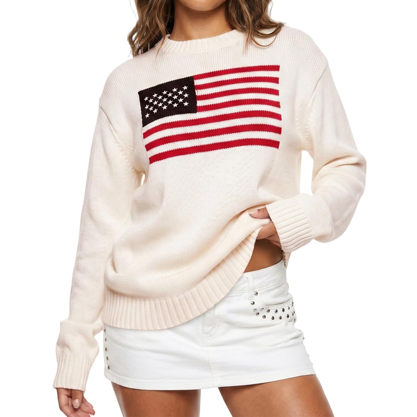 Women American Flag Sweater Long Sleeve Crew Neck Loose Fit Knit Pullover Tops USA Casual Loose Pullover Sweater