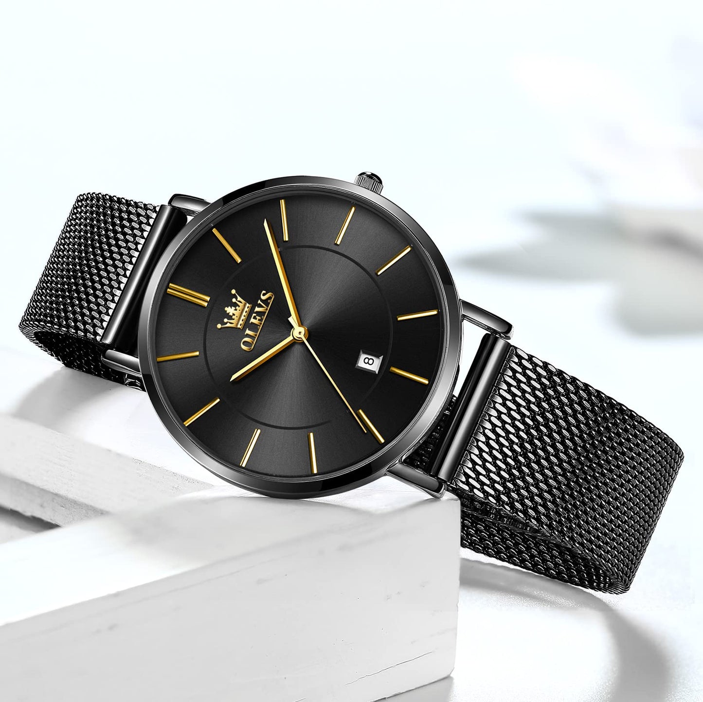 OLEVS Women's Mesh Bracelet Watch, Elegant Large Face Three Hand Analog Quartz Womens Wristwatch, Pretty Slim Date Display Waterproof Ladies Watches for Small Wrists