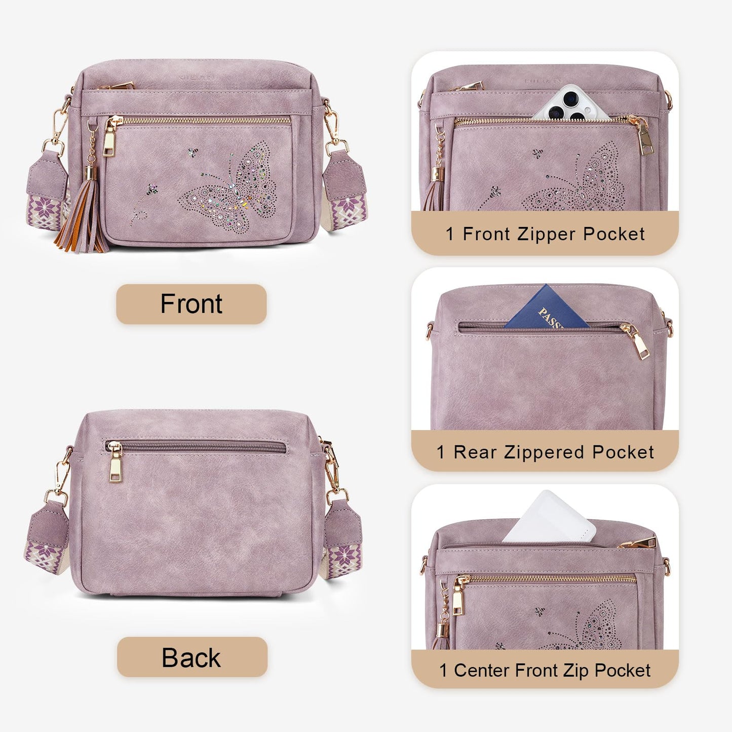 KITEVIUN Crossbody Bags for Women Trendy Leather Crossbody Purse Shoulder Handbags Butterfly Design