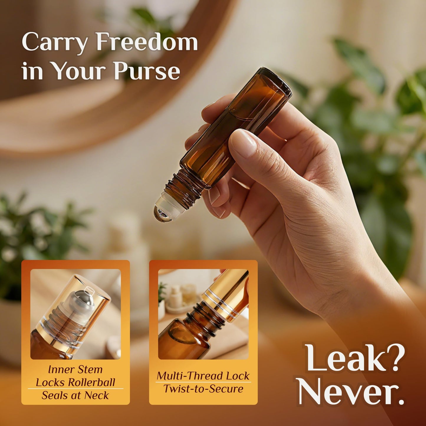 PrettyCare 4 Pack Amber Glass Oil Roller Bottles for Essential Oils 10ml, Roll On Bottles with Stainless Steel Roller Ball Leak-Proof Perfume Travel Refillable Bottle Empty, Beauty & Personal Care