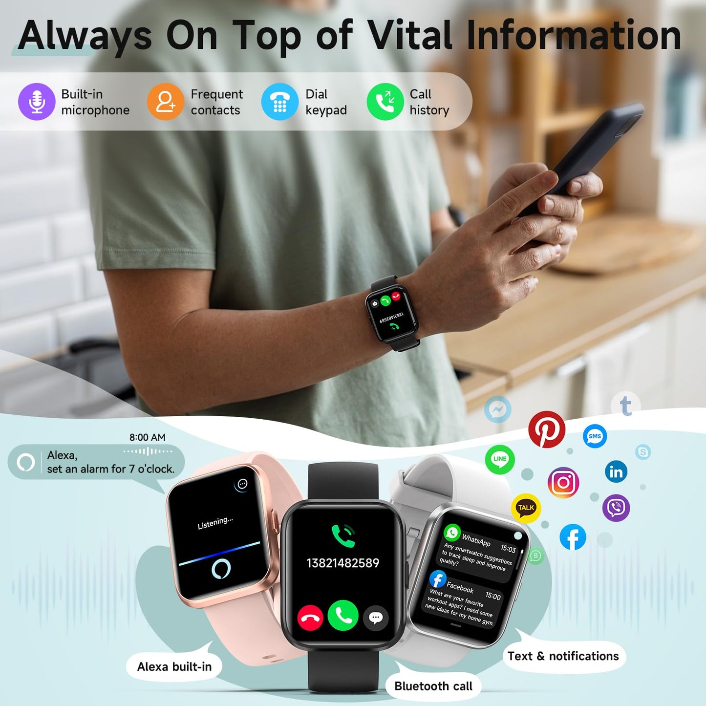 Smart Watches for Women, 1.8" Touch Screen Fitness Tracker for Android & iPhone, Answer/Make Calls, Alexa Built-in, Heart Rate/Sleep/SpO2 Monitor Smartwatch, IP68 Waterproof 101+ Sport Modes, 2 Bands