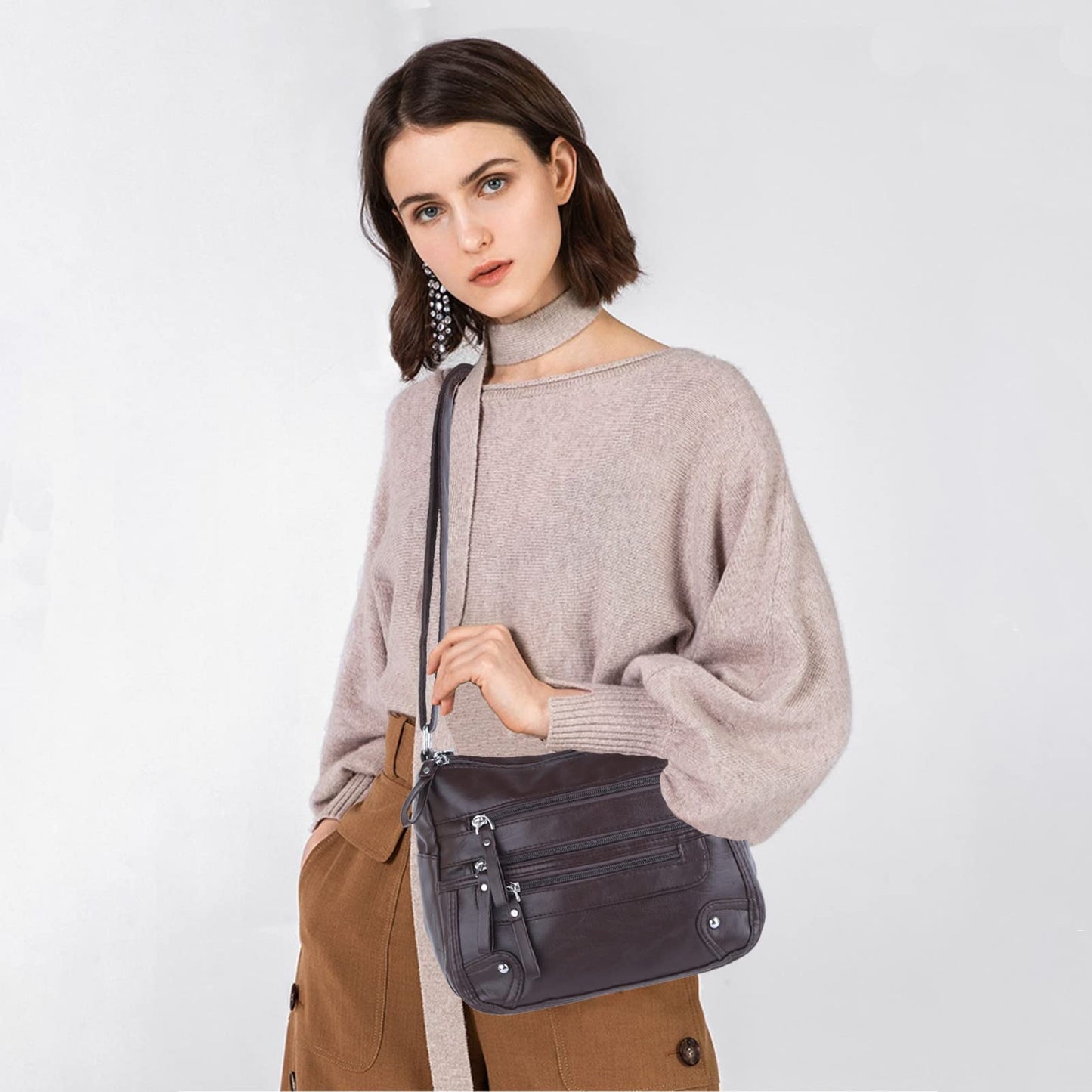 ELDA 10 Pockets Crossbody Purses for Women Medium Pocketbooks Lightweight Ladies Satchel Bag Multi Pocket Shoulder Handbag