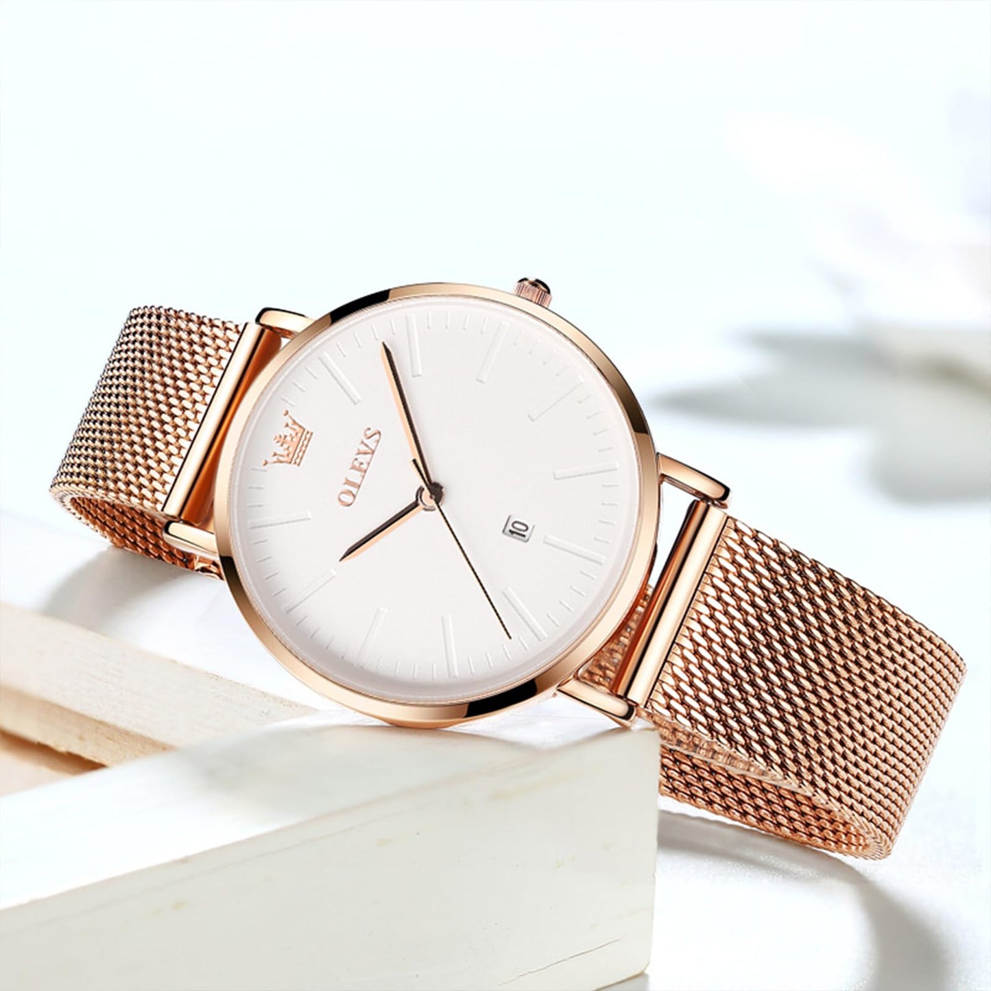 OLEVS Women's Mesh Bracelet Watch, Elegant Large Face Three Hand Analog Quartz Womens Wristwatch, Pretty Slim Date Display Waterproof Ladies Watches for Small Wrists