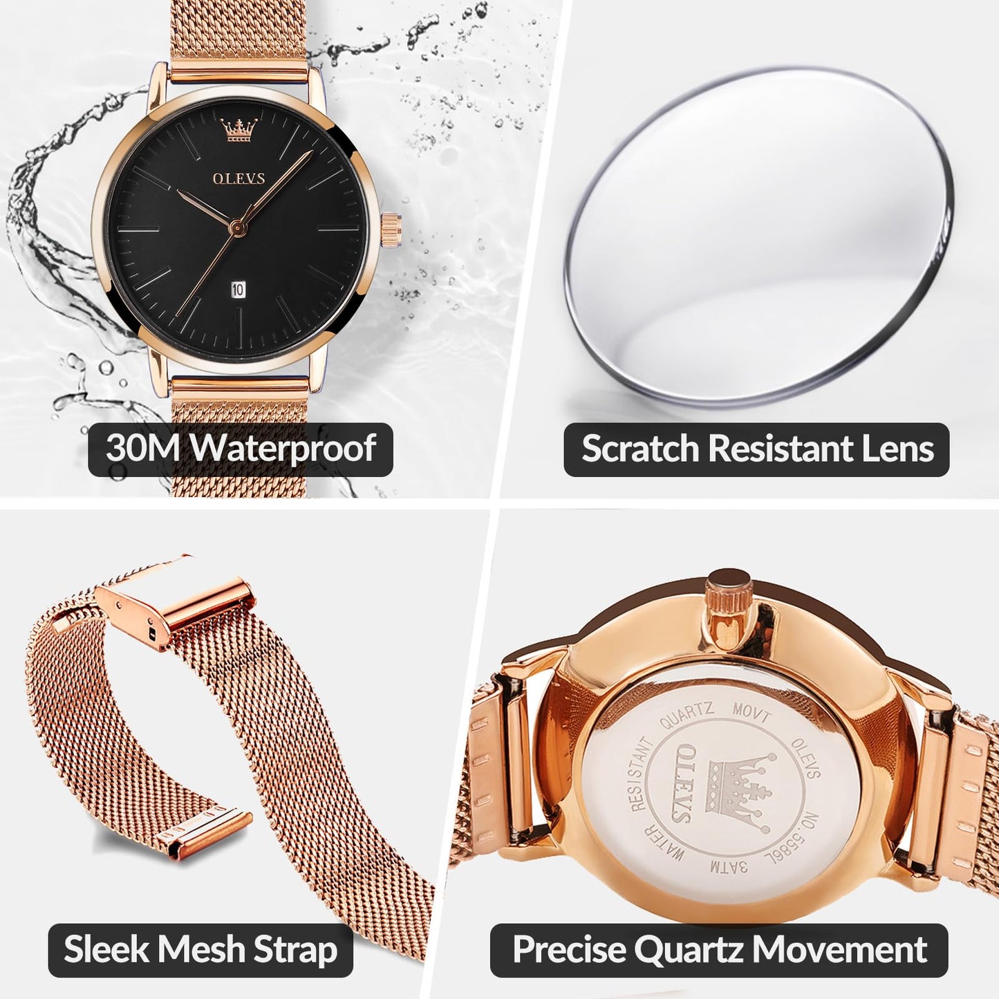 OLEVS Women's Mesh Bracelet Watch, Elegant Large Face Three Hand Analog Quartz Womens Wristwatch, Pretty Slim Date Display Waterproof Ladies Watches for Small Wrists