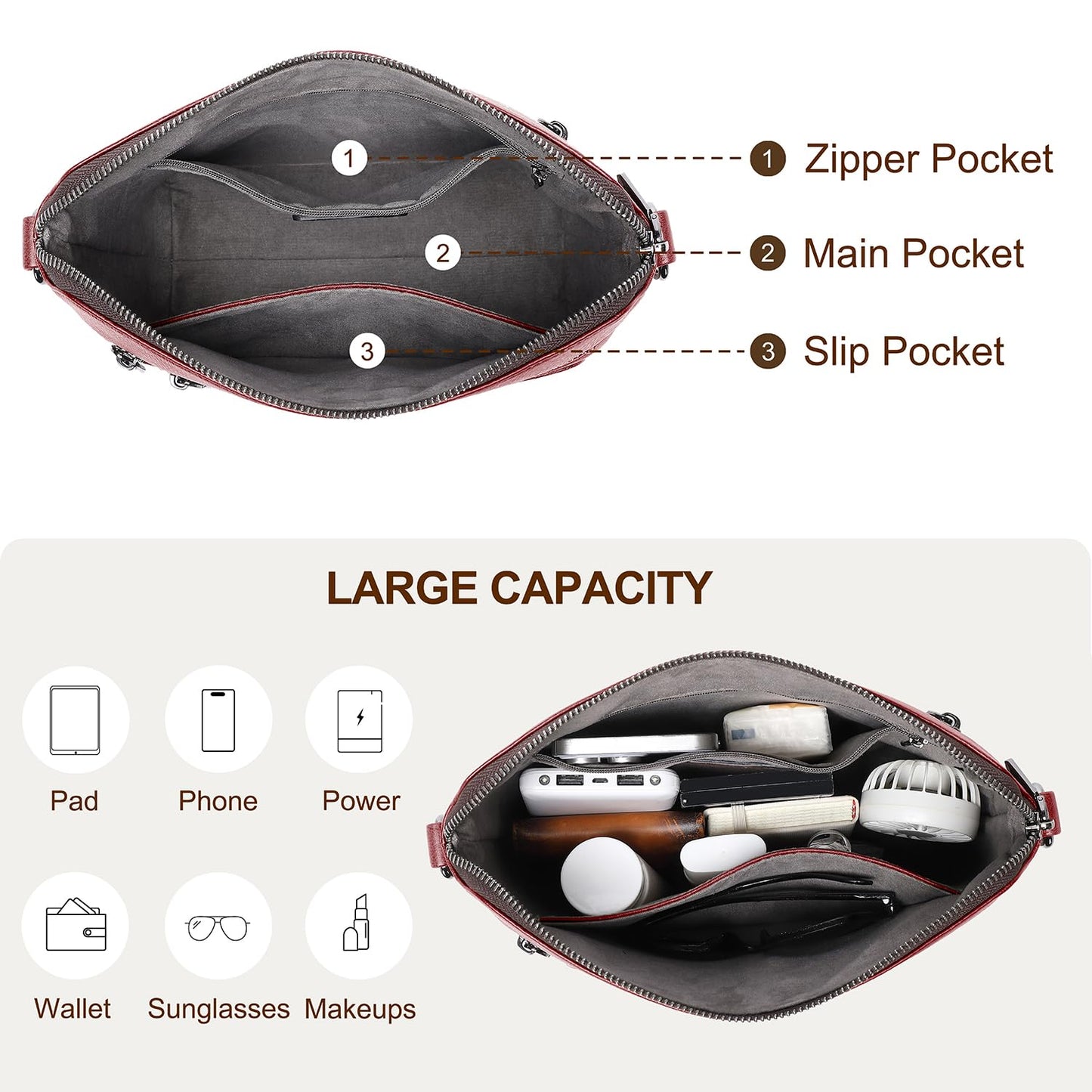 COOLCY Genuine Leather Crossbody Bags for Women Purses and Handbags for Ladies with Multiple Pockets Shoulder Satchel Bag