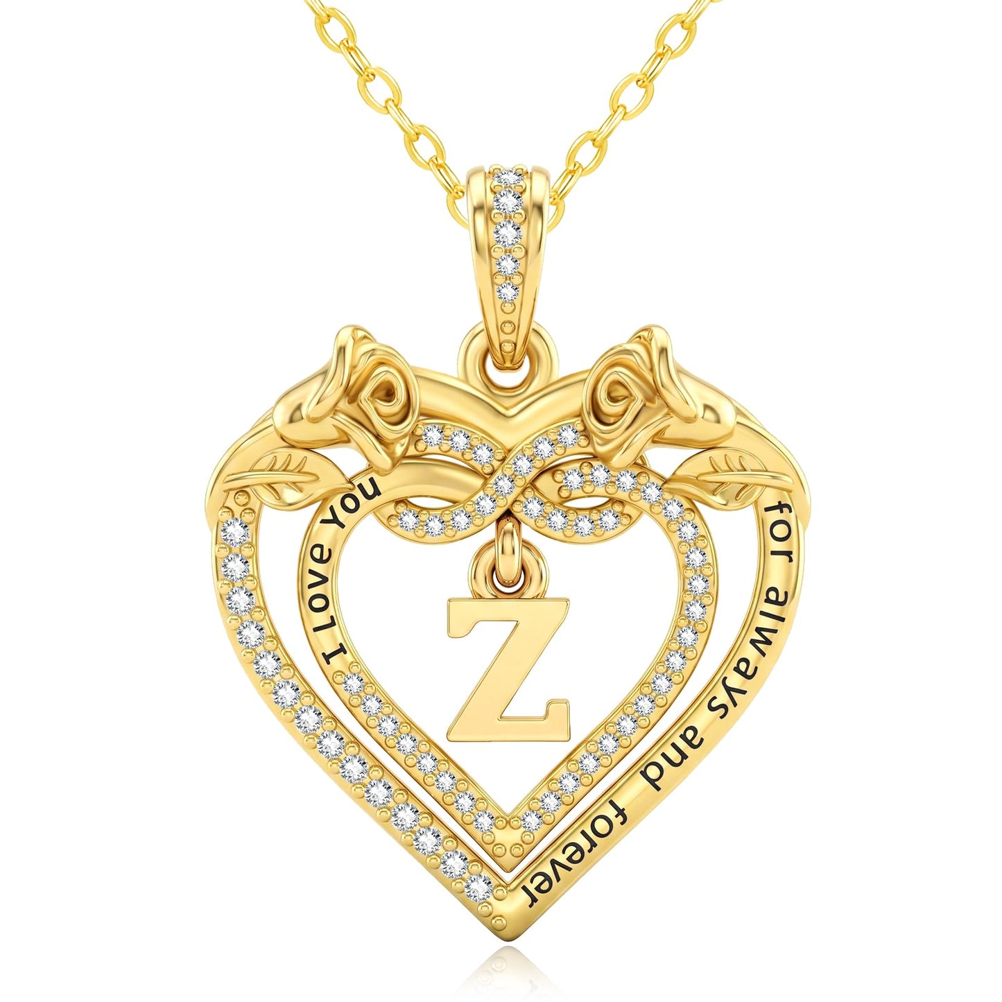 Uncle LOL Jewelry — 14K Gold Initial Letter Rose Heart Pendant Necklace for Women, Anniversary Birthday Jewelry Gifts for Wife Mom Grandma Sister Daughter, I Love You for Always And Forever