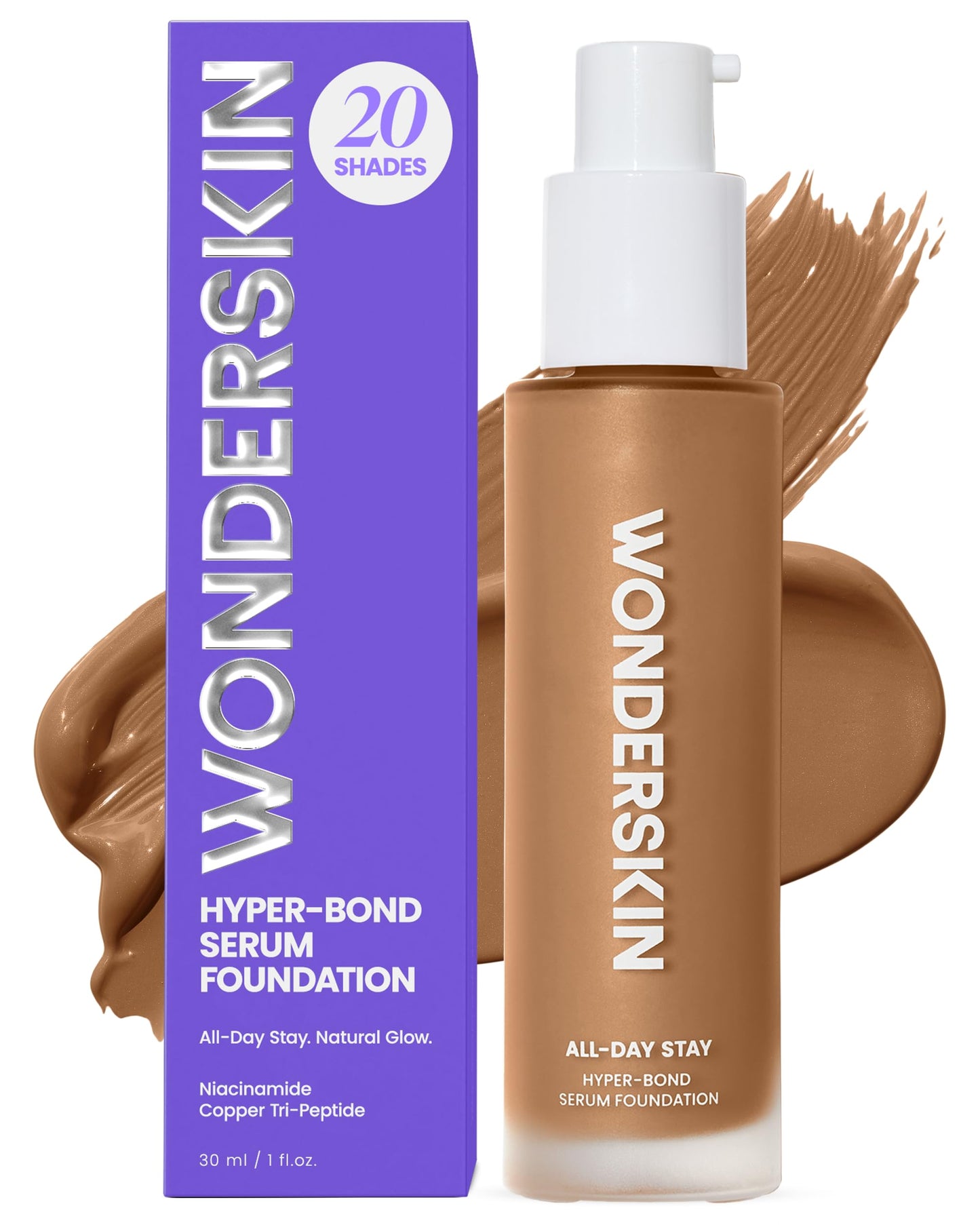 Wonderskin Hyper Bond All-Day Stay Serum Foundation – Waterproof, Transfer-Proof, 24HR Longwear Face Makeup with Niacinamide & Hyaluronic Acid – Lightweight, Natural Finish (Echo)
