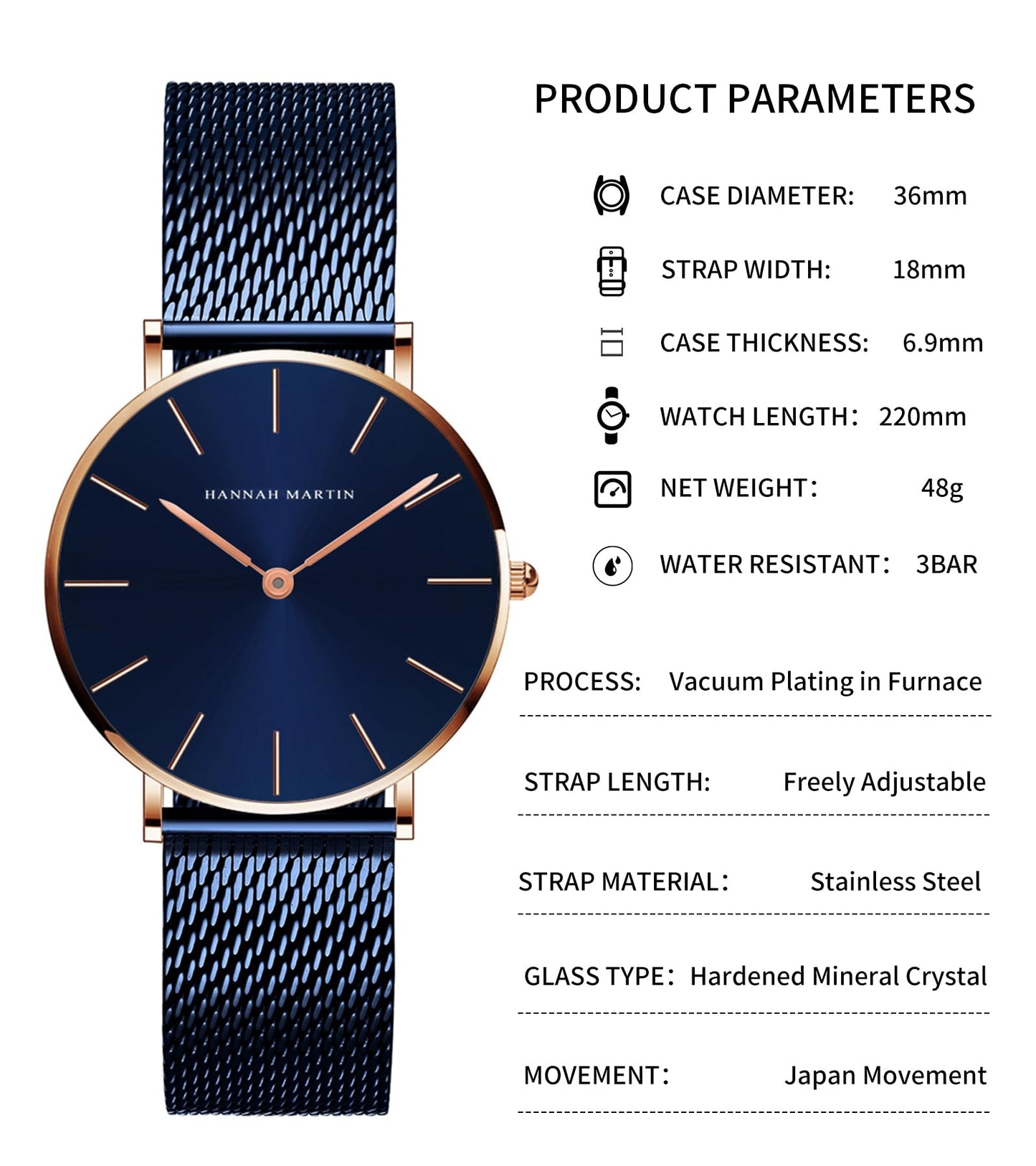 HANNAH MARTIN Watches for Women Analog Women's Watch with Stainless Steel Expansion Band Minimalist Slim Dial 30M Waterproof Ladies Dress Wristwatch for Casual Daily Business