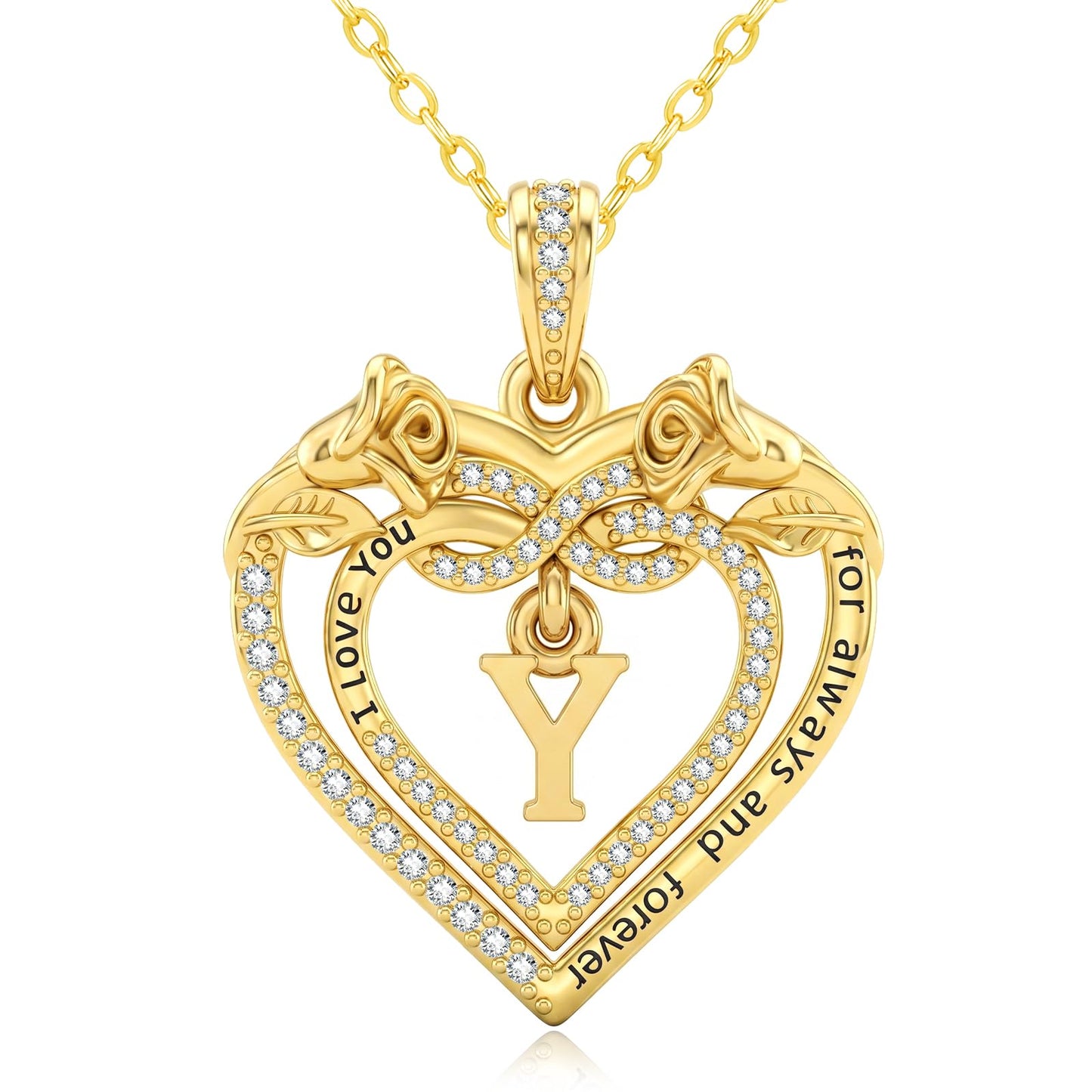 Uncle LOL Jewelry — 14K Gold Initial Letter Rose Heart Pendant Necklace for Women, Anniversary Birthday Jewelry Gifts for Wife Mom Grandma Sister Daughter, I Love You for Always And Forever