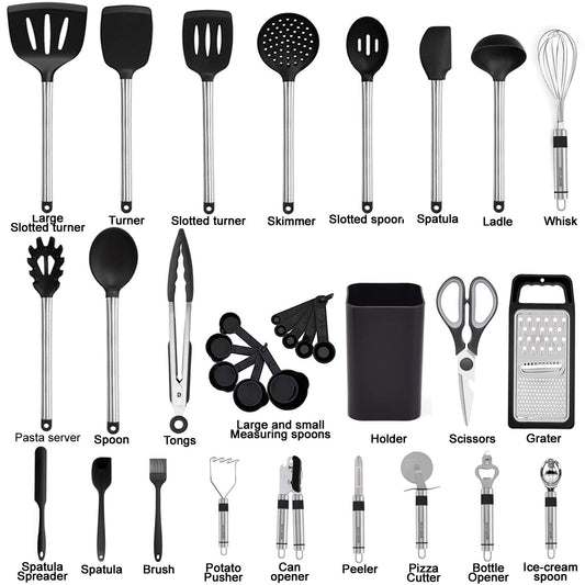 Kitchen Utensil Set-Silicone Cooking Utensils-33 Kitchen Gadgets & Spoons for Nonstick Cookware-Silicone and Stainless Steel Spatula Set-Best Kitchen Tools, Useful Pots