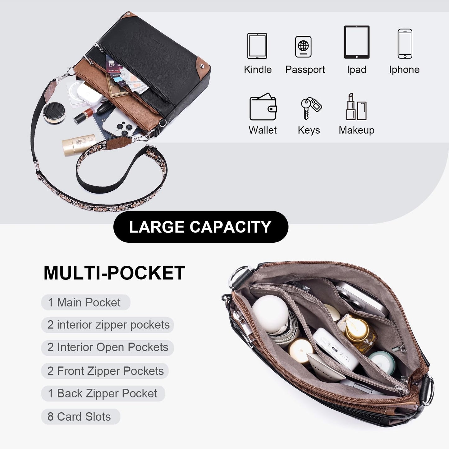 Crossbody Bags for Women Rfid Travel Crossbody Purses Leather Handbags Medium Shoulder bag with Adjustable Strap