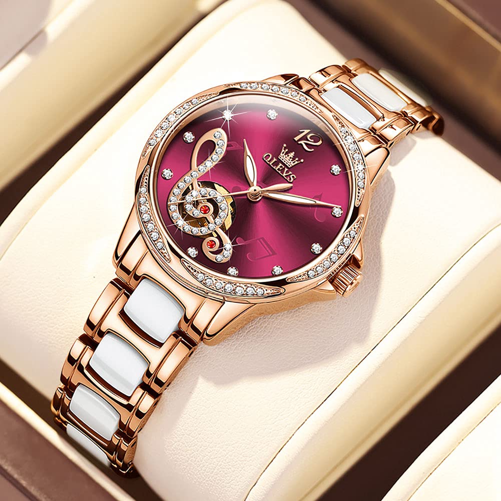 OLEVS Watches for Women Automatic Mechanical Self Winding Rose Gold Ladies Watch Diamond Dress Ceramic Bracelet Waterproof Female Wrist Watch