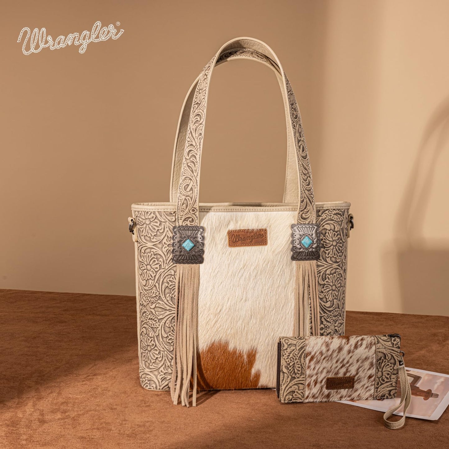 Montana West Wrangler Cowhide Tote Bag for Women Western Tooling Handbag Leather Fringing with Turquoise Stone Concho