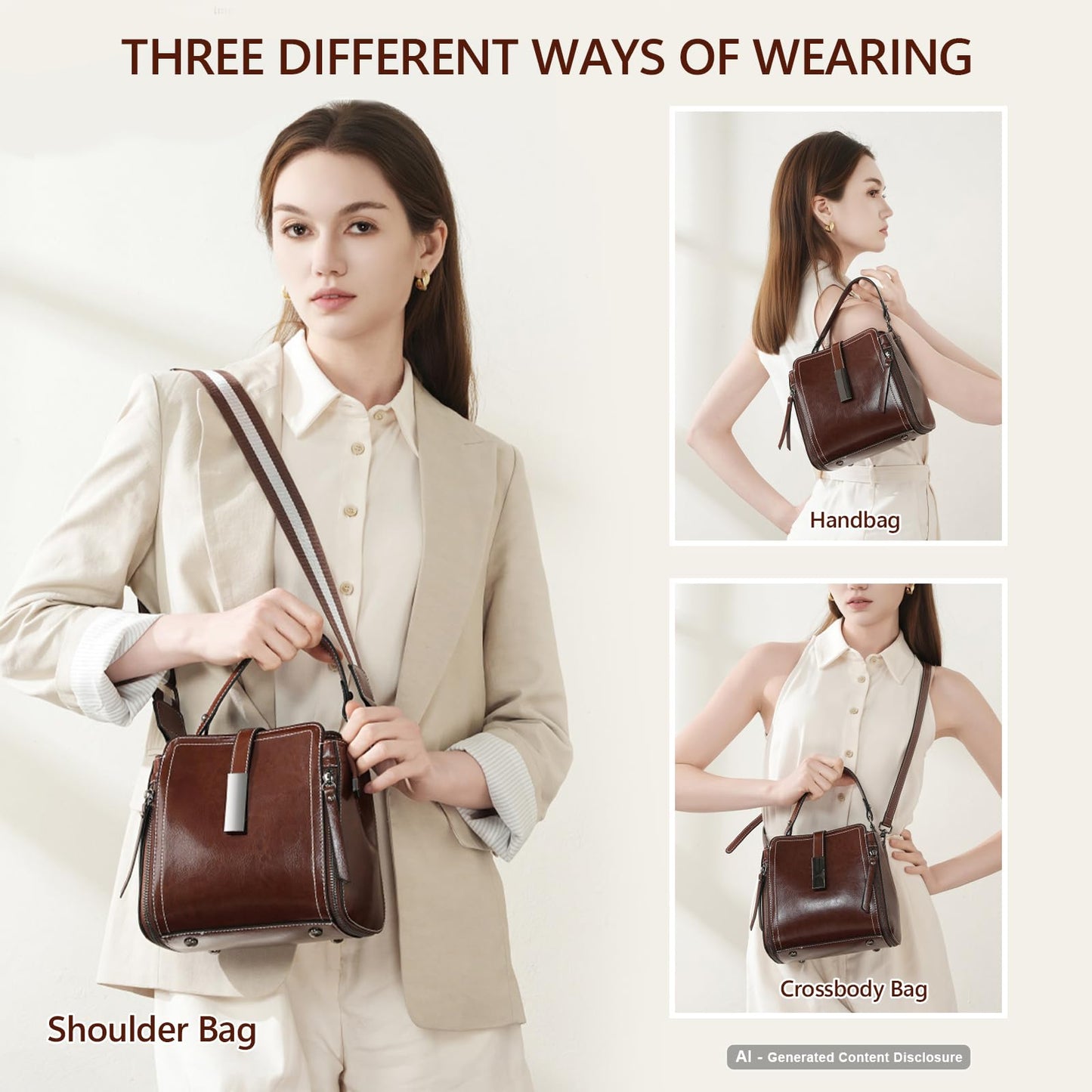 Genuine Leather Bucket Crossbody Shoulder Purse for Women | Scratch-Resistant Cowhide, 5 Pockets, Magnetic Snap, Silver Hardware, 3-Way Carry, Lightweight, Ideal Gift