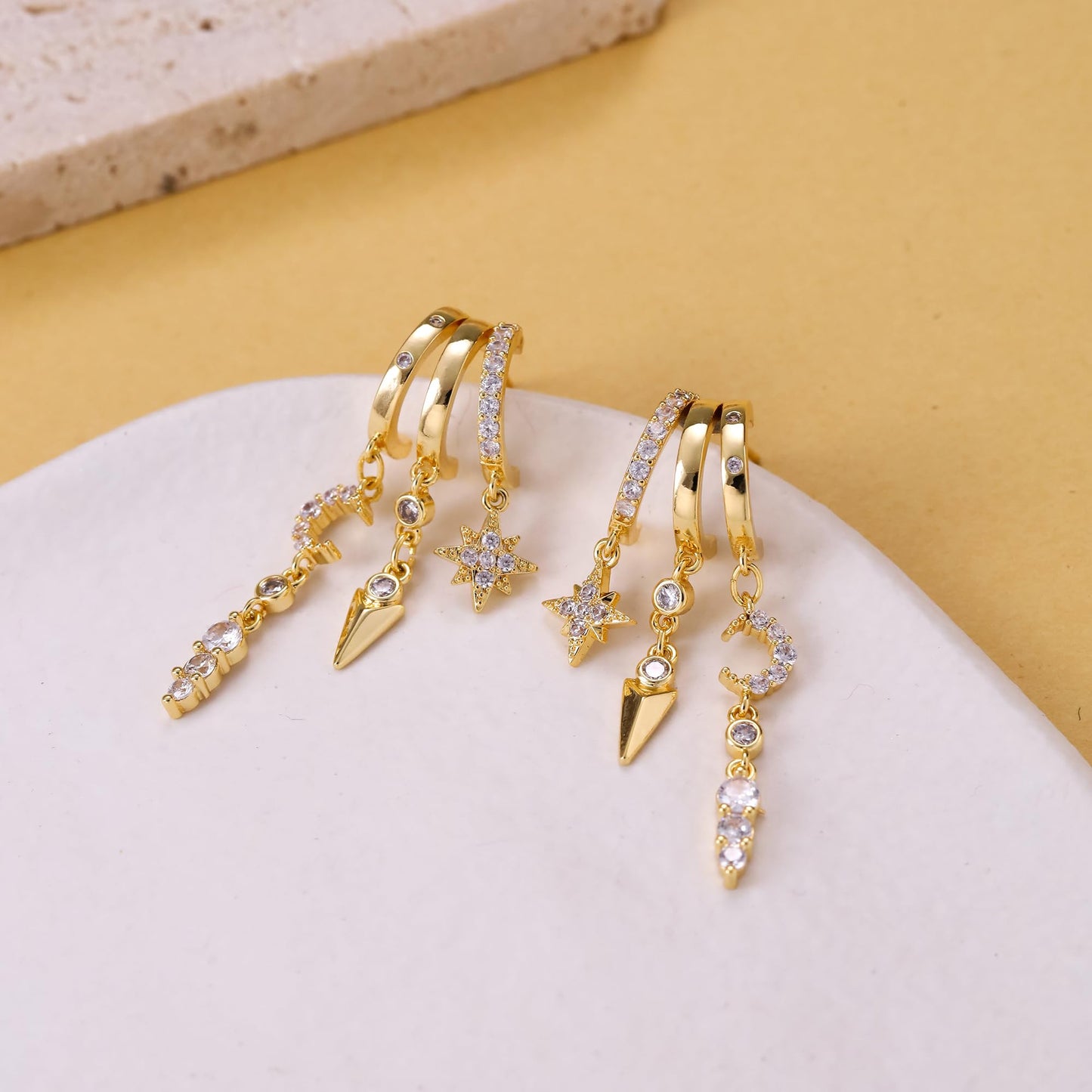 Gold Dangle Earrings for Women, 14k Gold Plated Stacked Triple Hoop Illusion Earrings Cubic Zirconia Huggie Earrings for Women Trendy