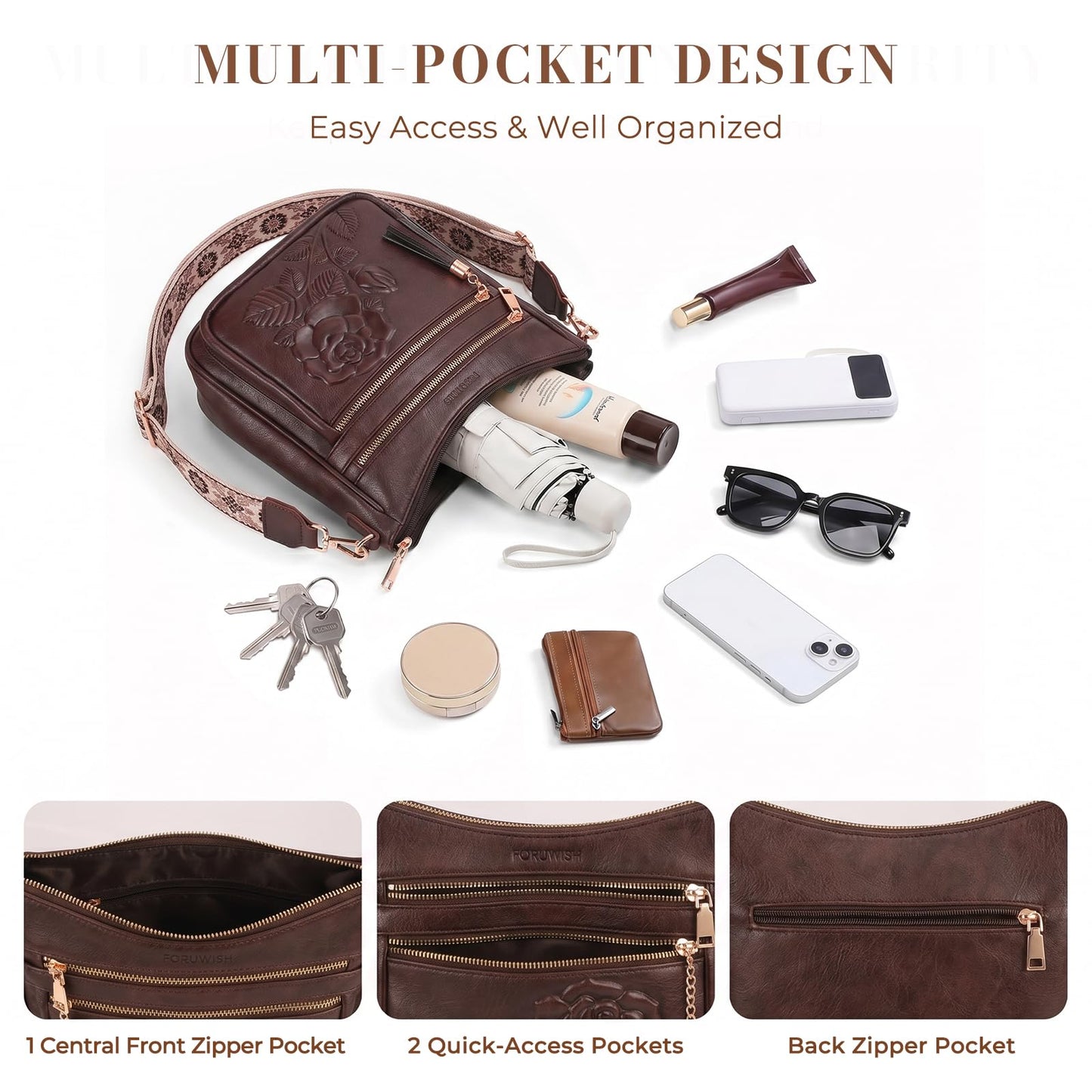 Crossbody Bags for Women, Vegan Leather Crossbody Purse, Multiple Pocket Daily Travel Shoulder Bag with Boho Strap