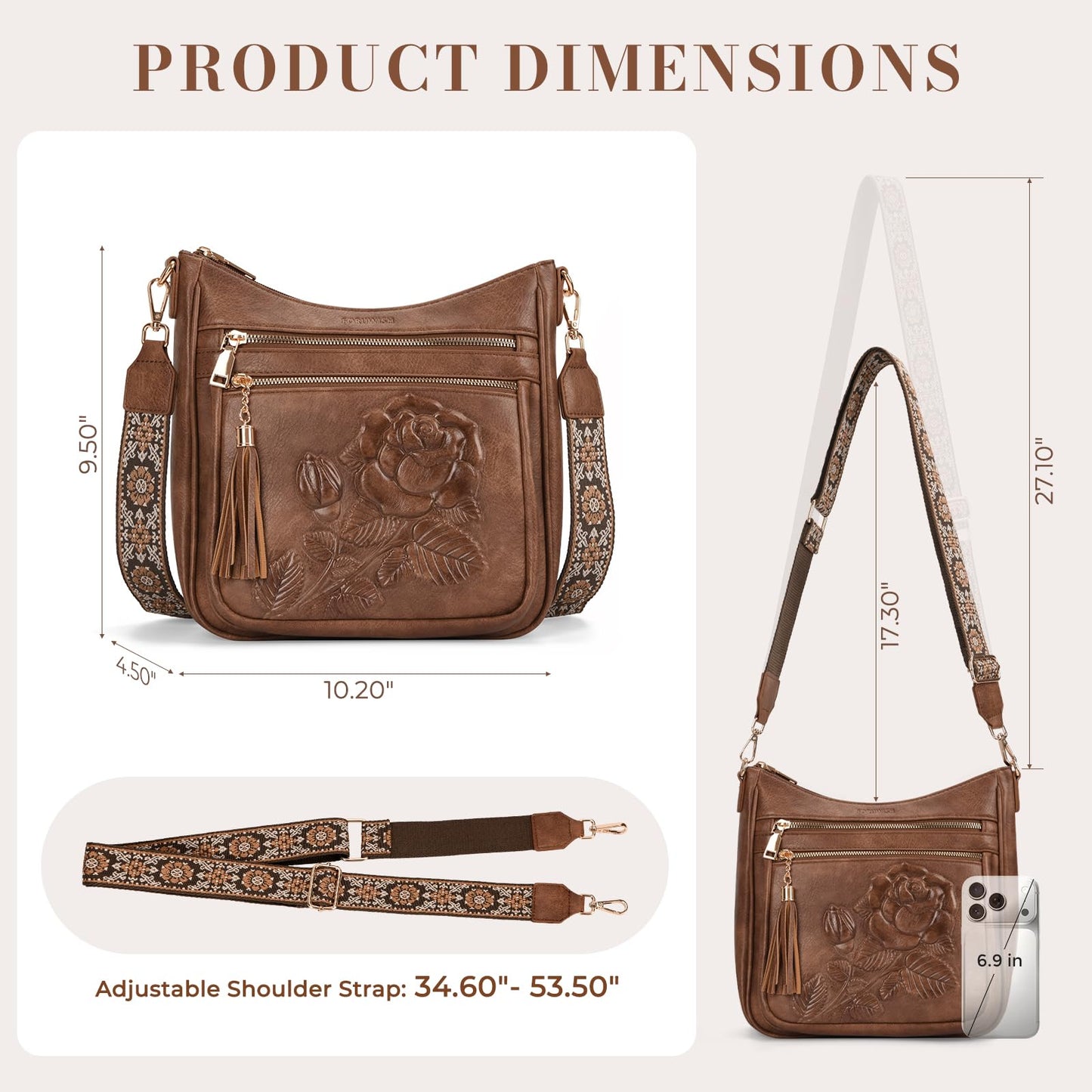 Crossbody Bags for Women, Vegan Leather Crossbody Purse, Multiple Pocket Daily Travel Shoulder Bag with Boho Strap