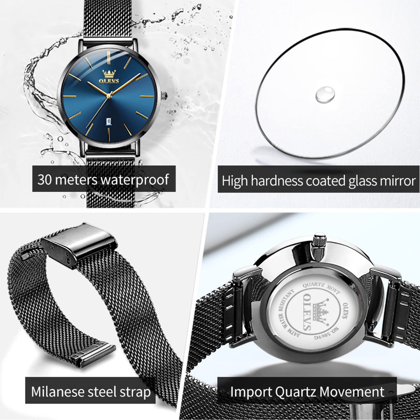 OLEVS Women's Mesh Bracelet Watch, Elegant Large Face Three Hand Analog Quartz Womens Wristwatch, Pretty Slim Date Display Waterproof Ladies Watches for Small Wrists