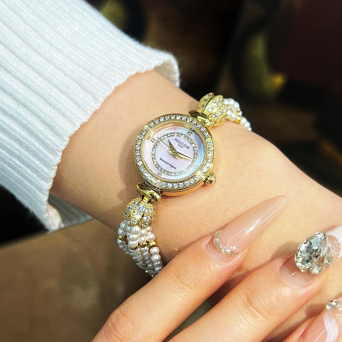 ROCOSJEWE R0262 Bracelet Watches for Women,Fashion Gold Dress Watch,Women's Pearl Bracelet Watch,Dazzling/Pink Dial,Adjustable Stainless Strap,Waterproof,Gift for Women