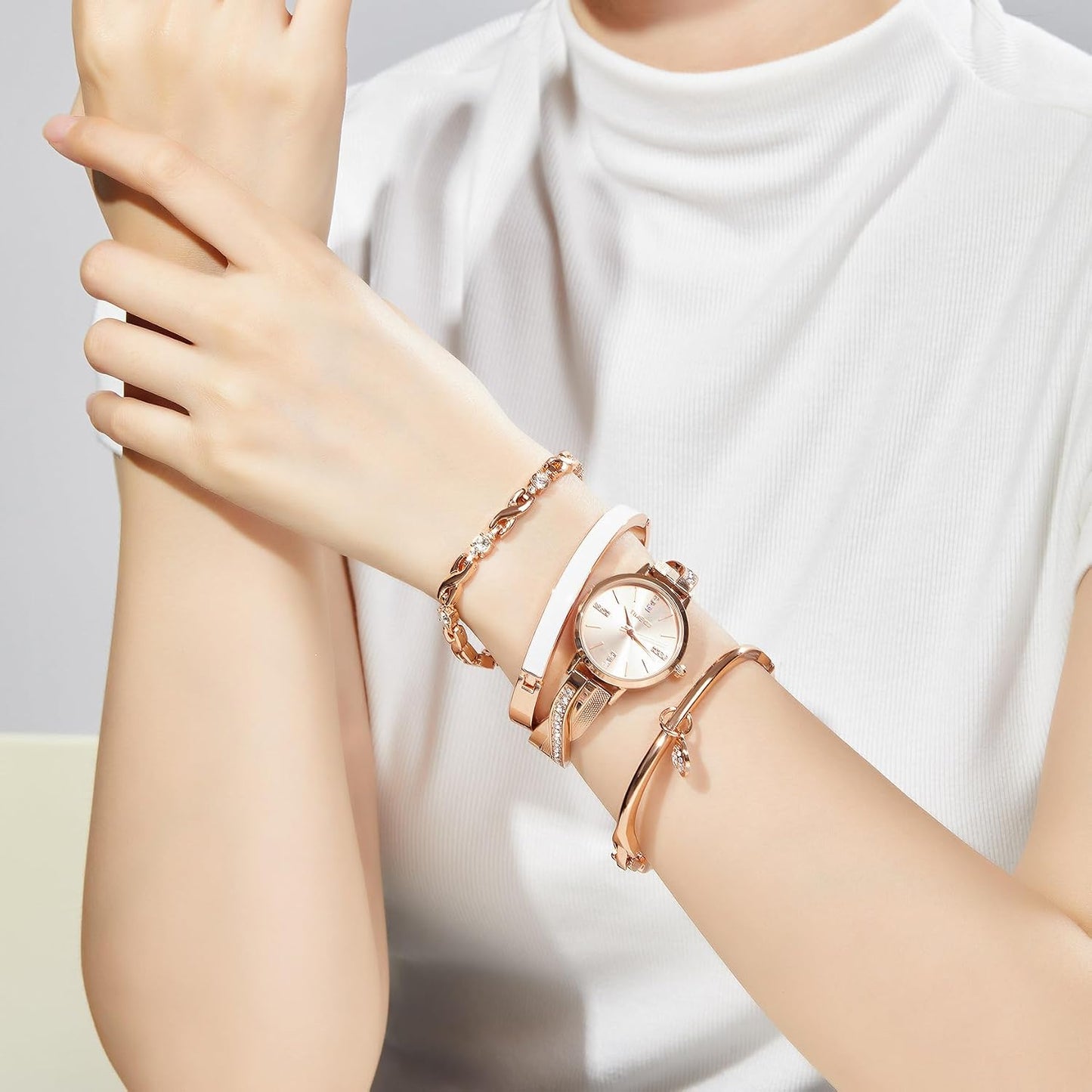 TIME100 Women's Bangle Watch and Gold Watch Chain Bracelets Premium Crystal Accented Bracelet Set W50888L