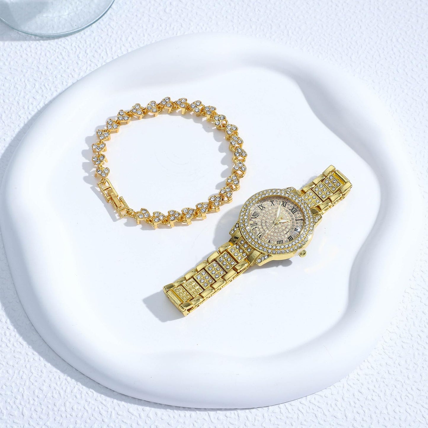 NEWITIN 2 Pieces Women Diamond Watch Bracelet Set Luxury Fashion Jewelry Cubic Zirconia Wristwatch Bracelet Gold Watch Jewelry Set for Women