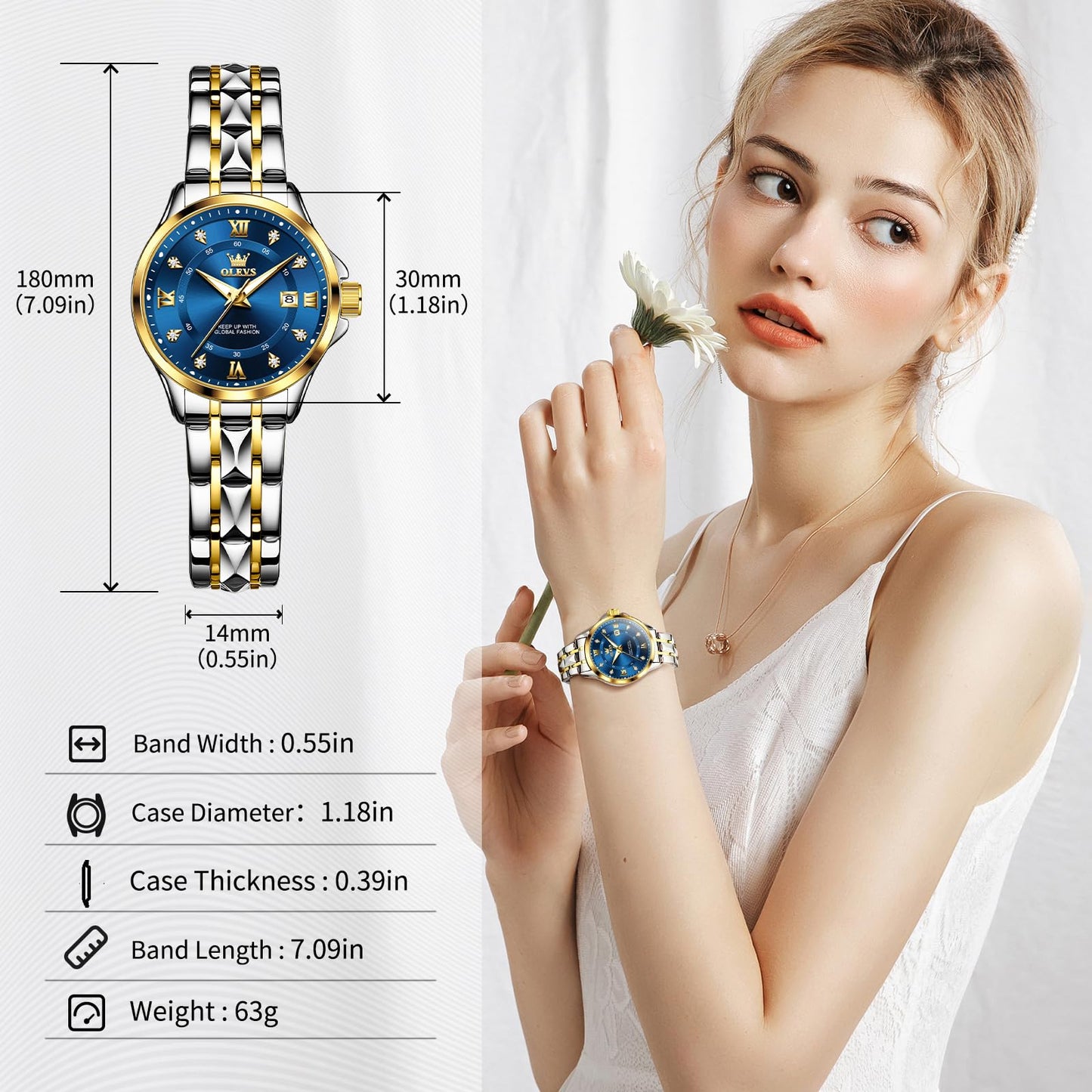OLEVS Watch Women Two Tone Watches for Women with Date Dress Womens Watches for Small Wrists Luxury Easy Read Womens Watch Waterproof Blue/Black/Gold/Silver Dial Reloj para Mujer
