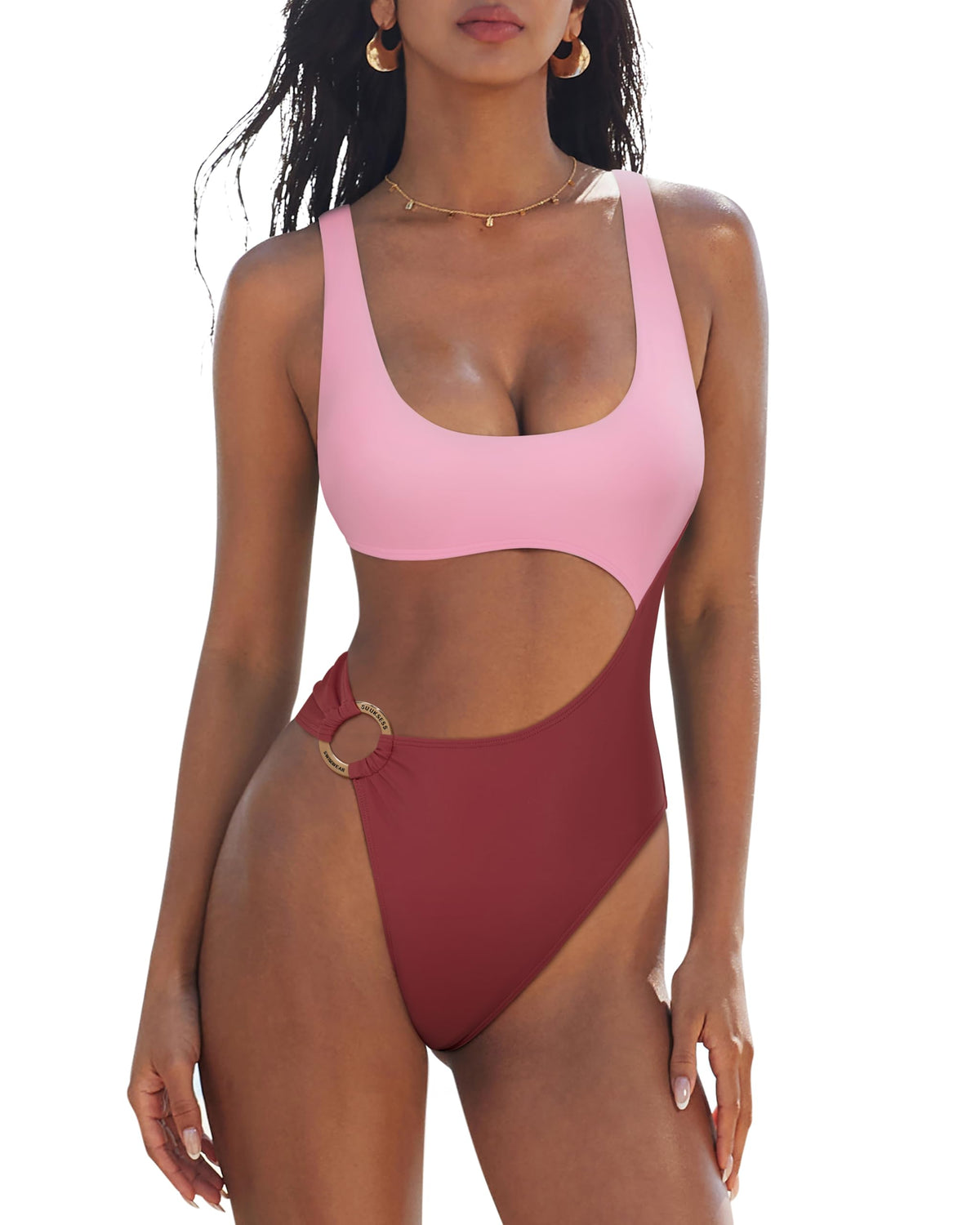 SUUKSESS Women Sexy One piece Tummy Control Swimsuit Cutout Backless Slimming Swimwear 2025 Cheeky Side O-Ring Bathing Suit (Pink and Wind Red,Medium)