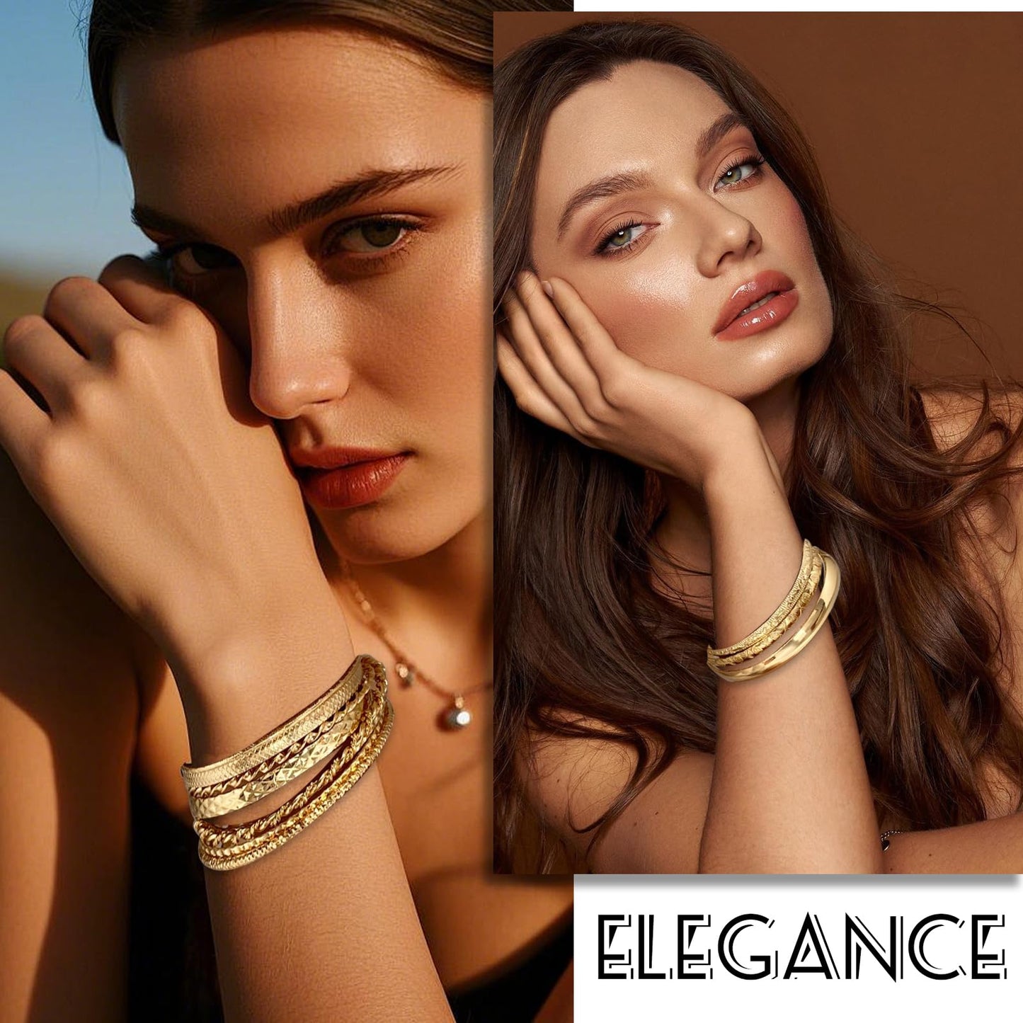 17IF Gold Bangle Bracelet For Women, 14k Multilayer Charm Textured Stackable Bracelets Boho Indian Chunky Cuff Fashion Jewelry Gift