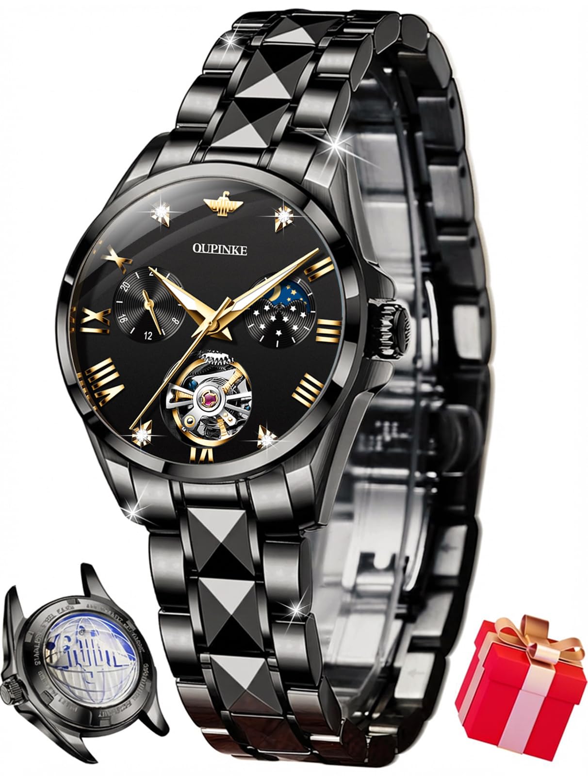 OUPINKE Women Automatic Watches Luxury Diamond Flywheel Two-Tone Stainless Tungsten Steel Band Moon Phase 24 Hours
