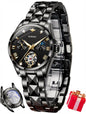 OUPINKE Women Automatic Watches Luxury Diamond Flywheel Two-Tone Stainless Tungsten Steel Band Moon Phase 24 Hours