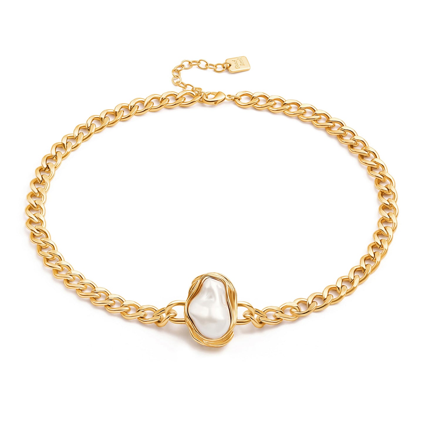 Aobei Pearl 18K Gold Plated Paperclip Chain Choker Satellite Chain Freshwater Cultured Biwa Pearl Pendant Necklace Dainty Turquoise Jewelry for Women