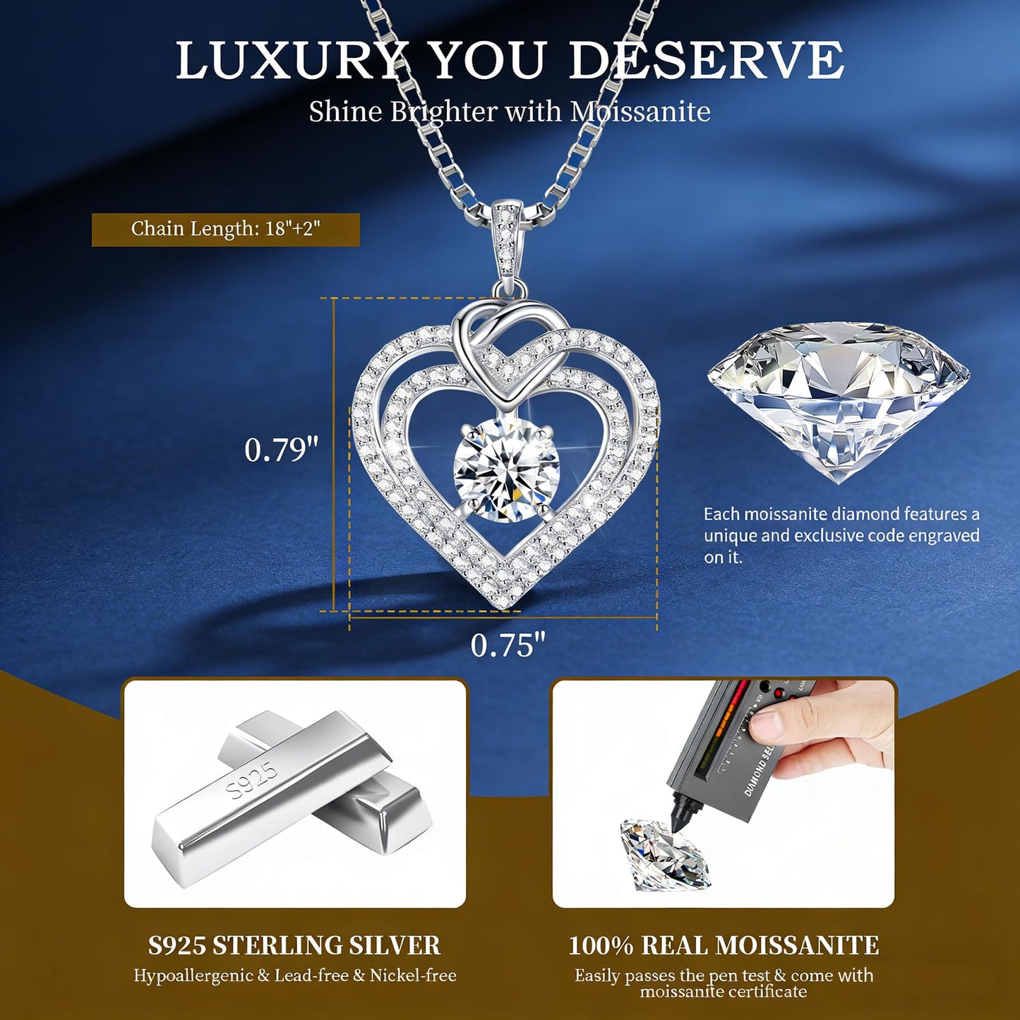 Gorgeous Moissanite Necklaces for Women - Sterling Silver 1-3CT D Color Moissanite Pendant Necklace, Mother Day Birthday Gifts for Mom Wife Girlfriend Daughter, Wedding Anniversary Christmas Jewelry Gift