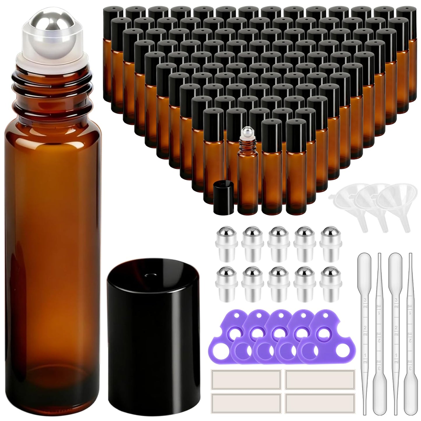 PrettyCare 4 Pack Amber Glass Oil Roller Bottles for Essential Oils 10ml, Roll On Bottles with Stainless Steel Roller Ball Leak-Proof Perfume Travel Refillable Bottle Empty, Beauty & Personal Care