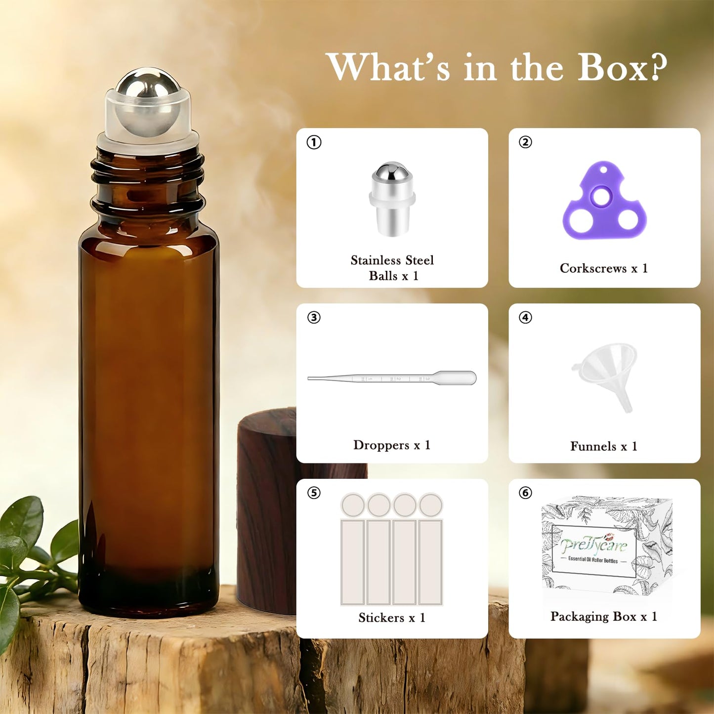 PrettyCare 4 Pack Amber Glass Oil Roller Bottles for Essential Oils 10ml, Roll On Bottles with Stainless Steel Roller Ball Leak-Proof Perfume Travel Refillable Bottle Empty, Beauty & Personal Care