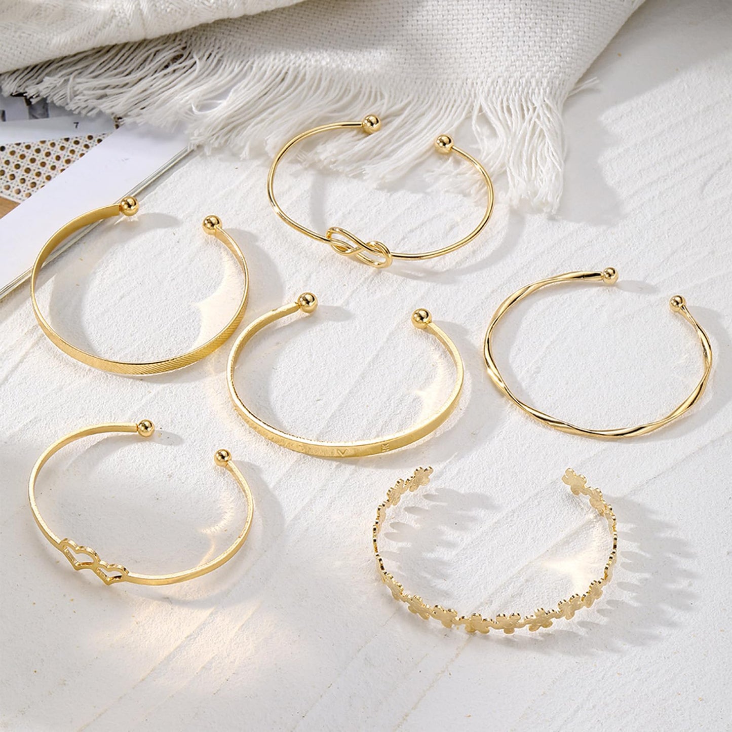 IFKM Gold Bangle Bracelets For Women, 14k Gold Plated Multi Layer Stackable Cuff Bracelet Set, Trendy Elegance Charms Non Tarnish Minimalist Textured Boho Jewelry Gift for Women