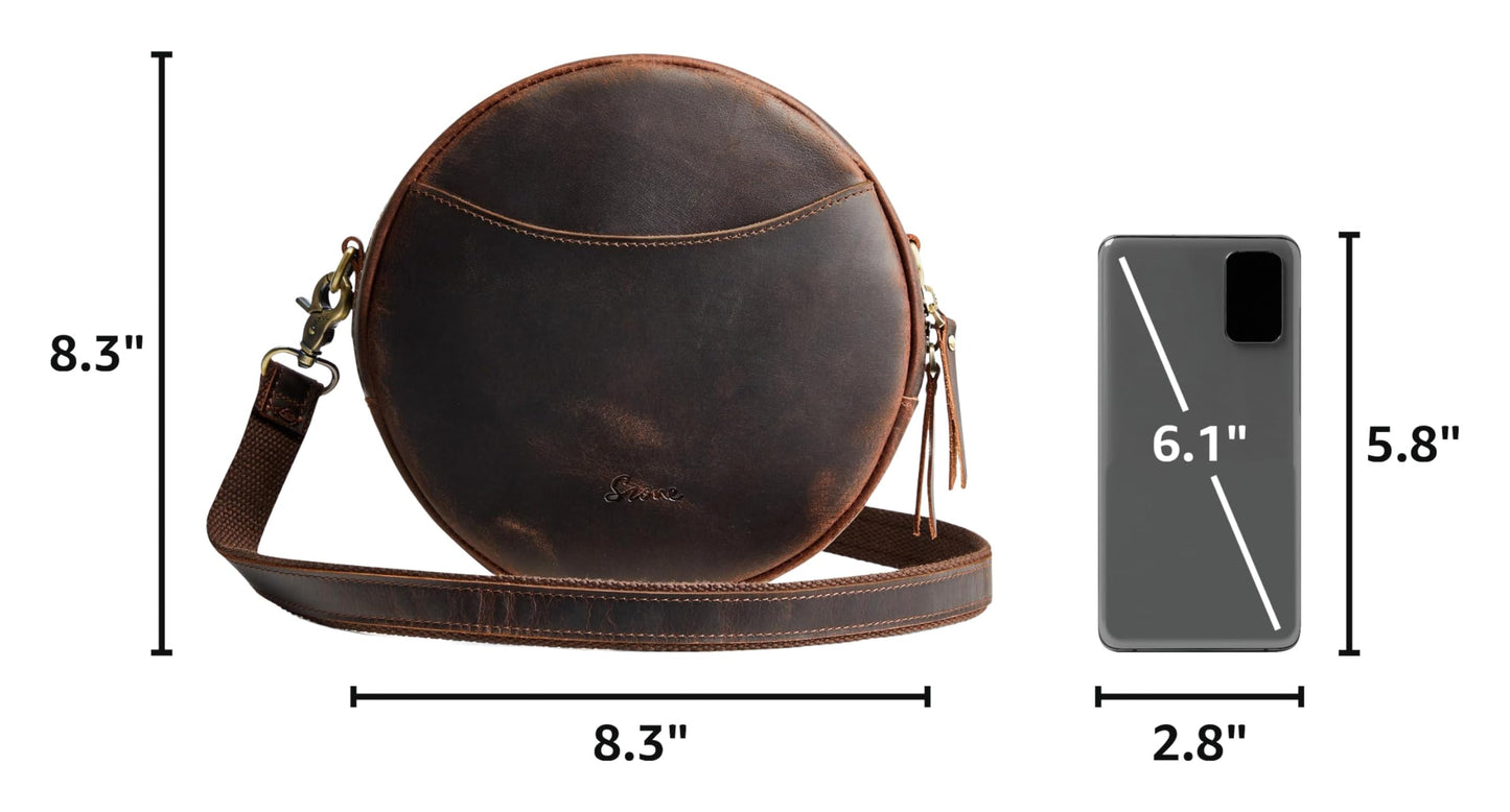S-ZONE Leather Crossbody Bags for Women Circle Shoulder Round Purse Travel | Top Grain Leather, Keychain, Designer Handbag, Vintage, Multi Pockets, Detachable Strap, Eveyday Outing