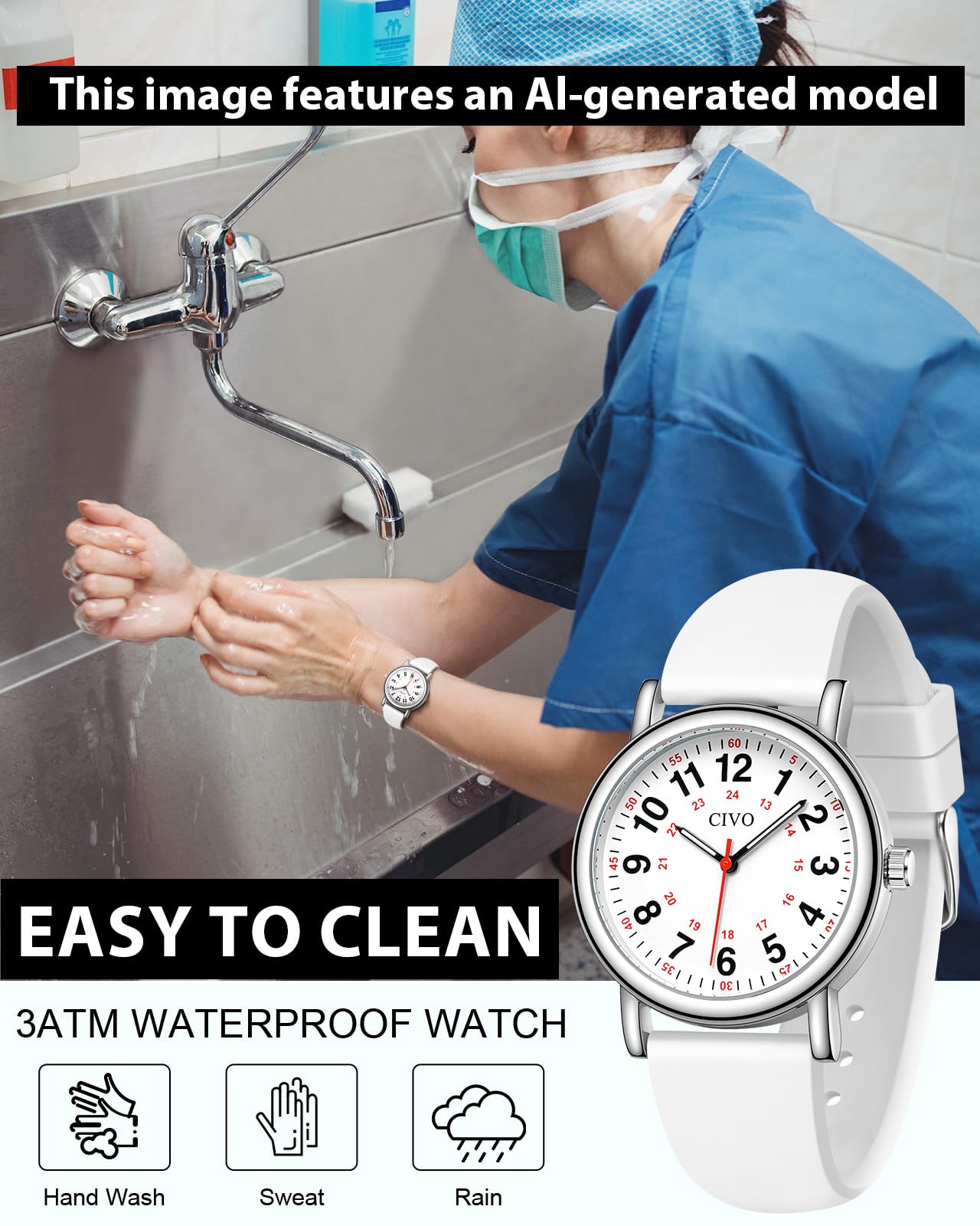 CIVO Nurse Watches for Women Men: Analog Waterproof Watch with Easy Read Dial Second Hand - Gifts for Nurses Medical Student Doctors