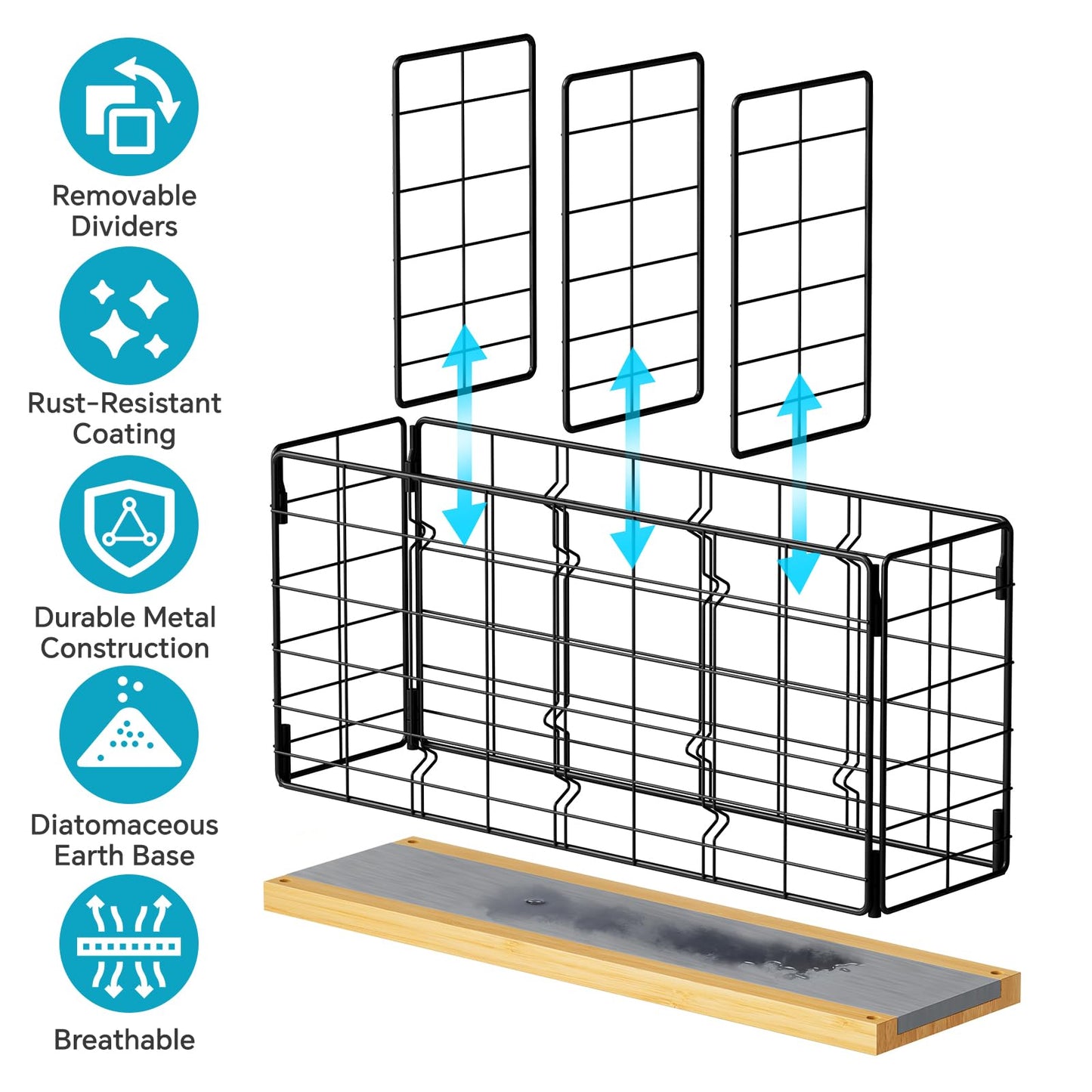 Metal Kitchen Utensil Holder with 4 Adjustable Compartments & Fast-Drying Base