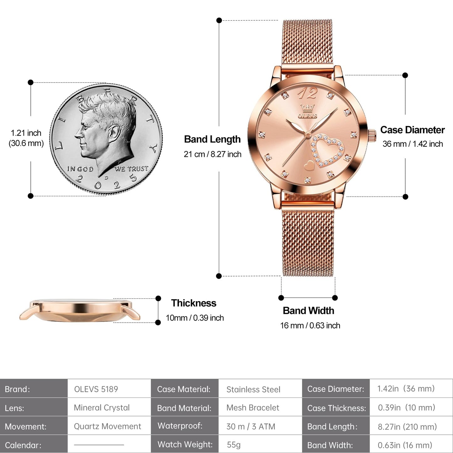 OLEVS Women's Small Wrist Rose Gold Tone Watch - Cute Diamond Heart Arabic Numerals Dial, Fashion Waterproof Mesh Bracelet Analog Dress for Ladies