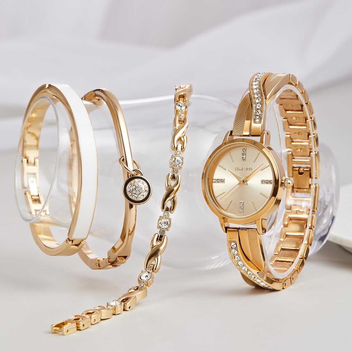 TIME100 Women's Bangle Watch and Gold Watch Chain Bracelets Premium Crystal Accented Bracelet Set W50888L